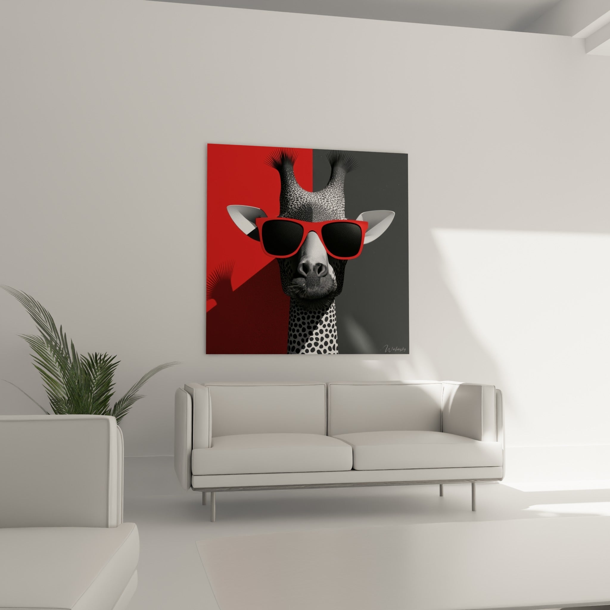 Museau moucheté de girafe et monture rouge vif installés au-dessus d'un canapé dans un salon lumineux
