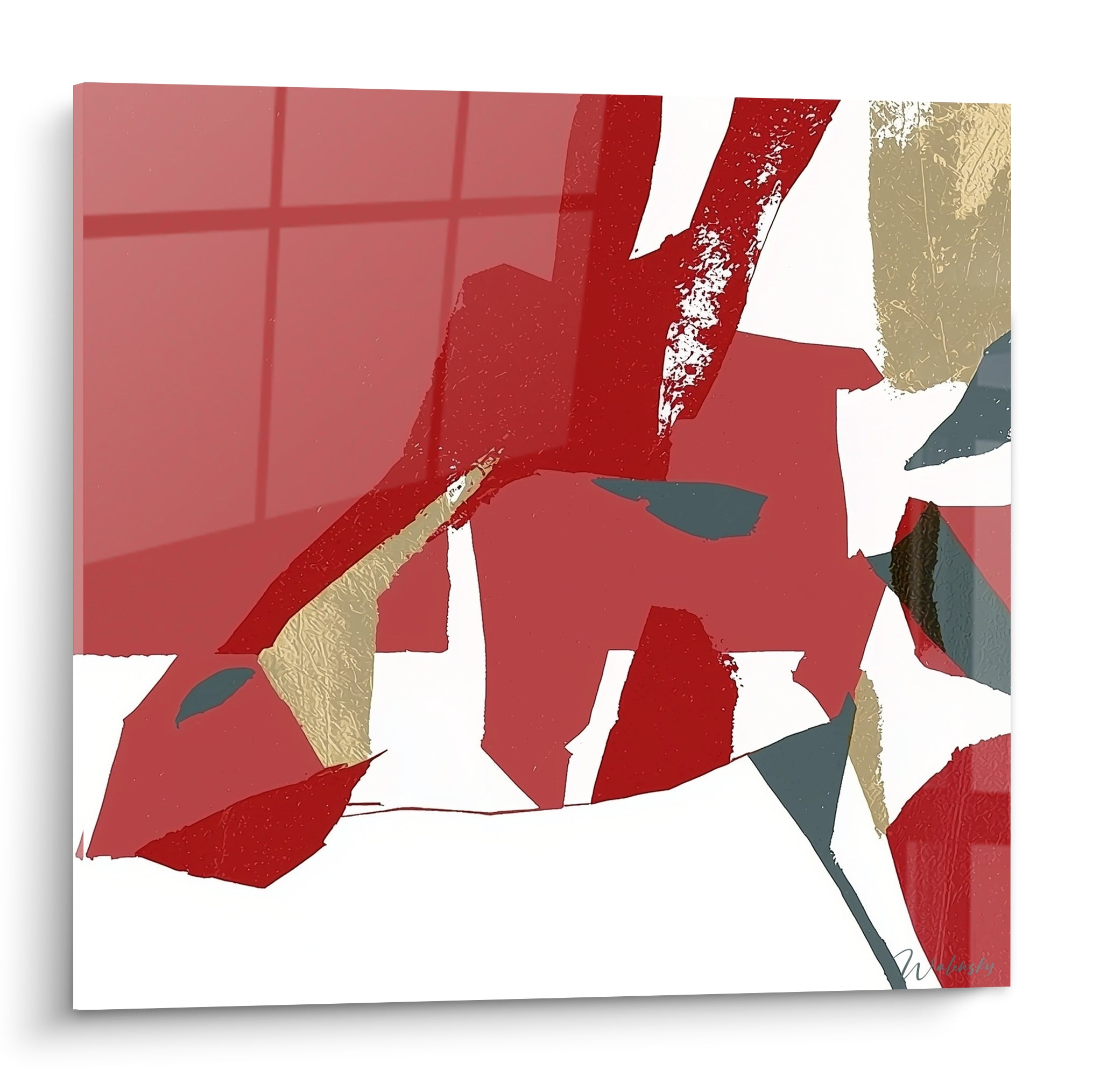 Girafe abstraite en rouge, doré et anthracite, formes découpées sur fond blanc épuré