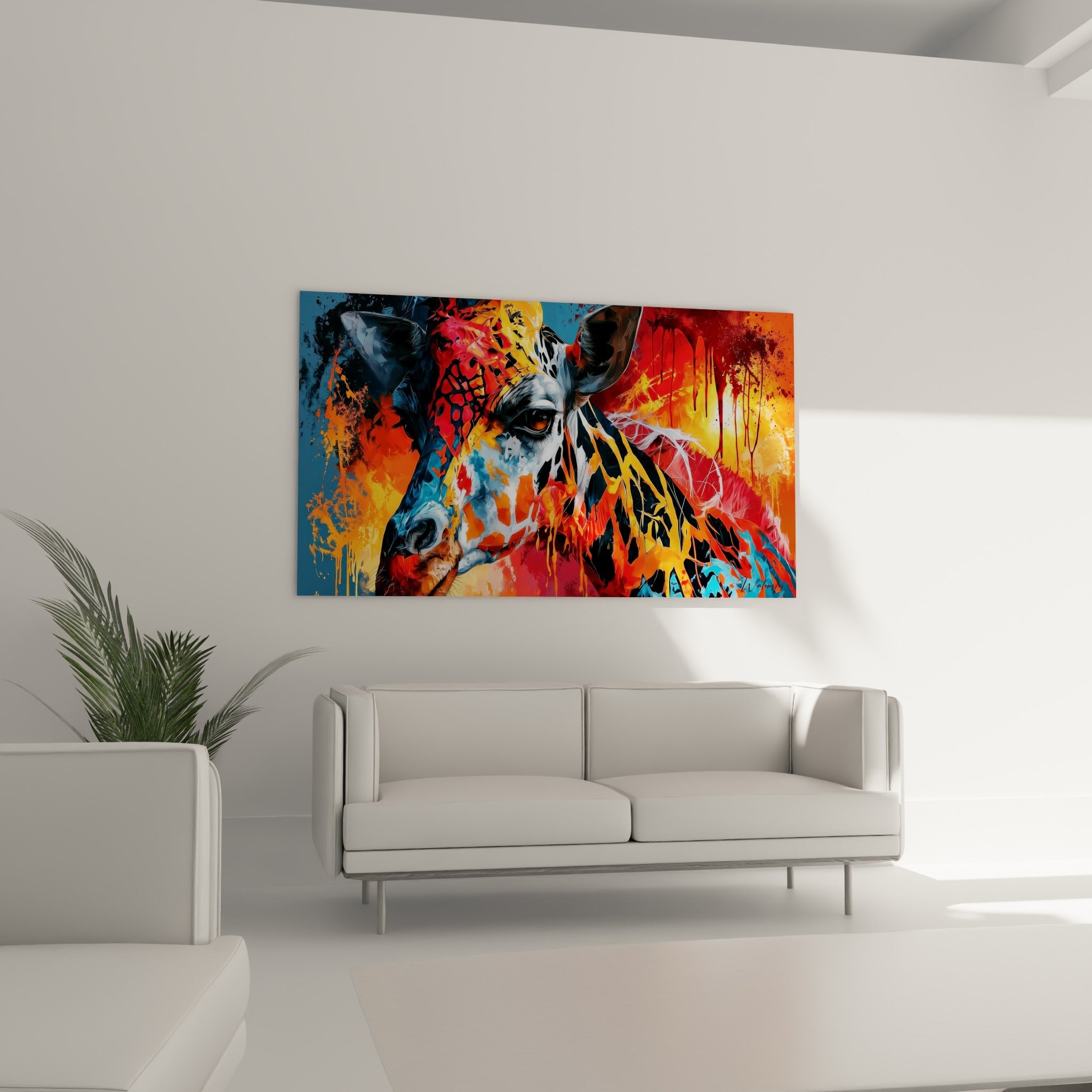 Portrait animal aux teintes rouge écarlate et anthracite, disposé au-dessus d'un canapé dans un salon lumineux