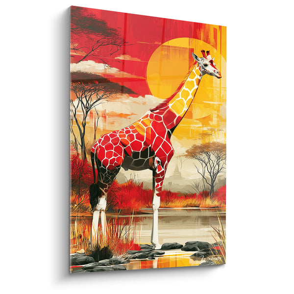 Tableau Girafe rouge et jaune près d'un point d'eau - Silence du crépuscule - Edition Girafe