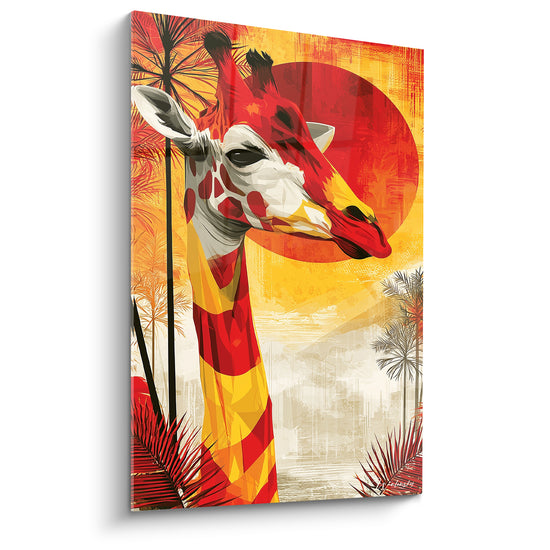 Tableau Girafe rouge et jaune sous un soleil géant - Fournaise africaine - Edition Girafe
