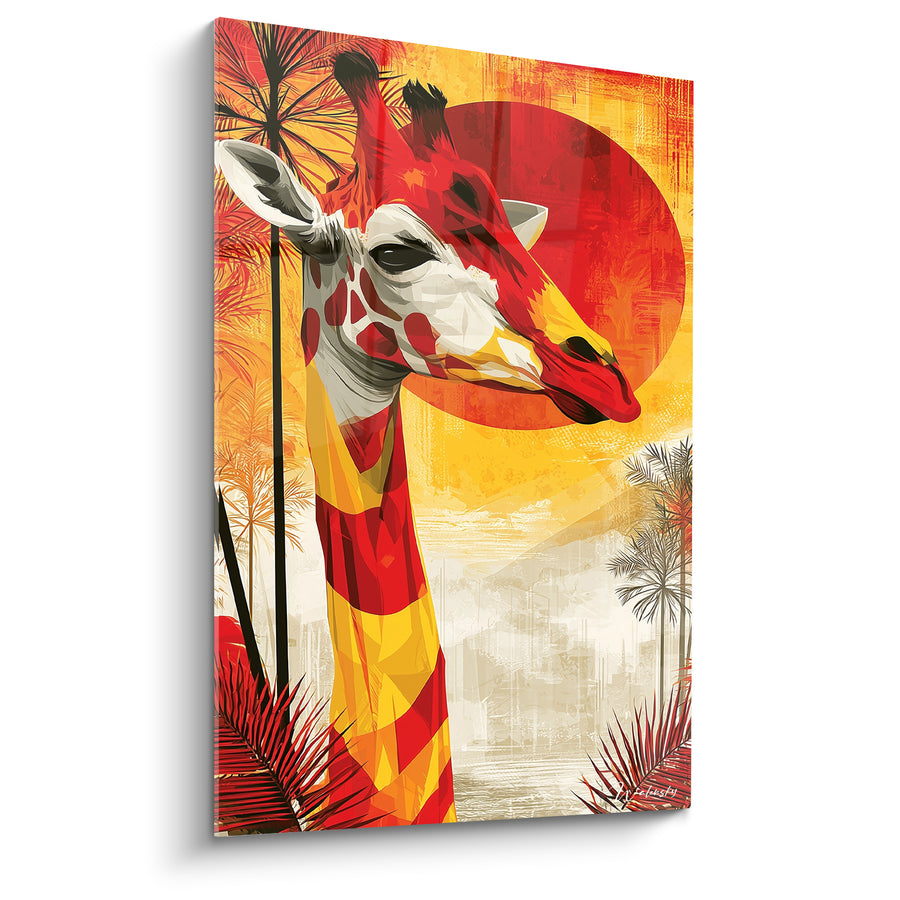 Tableau Girafe rouge et jaune sous un soleil géant - Fournaise africaine - Edition Girafe
