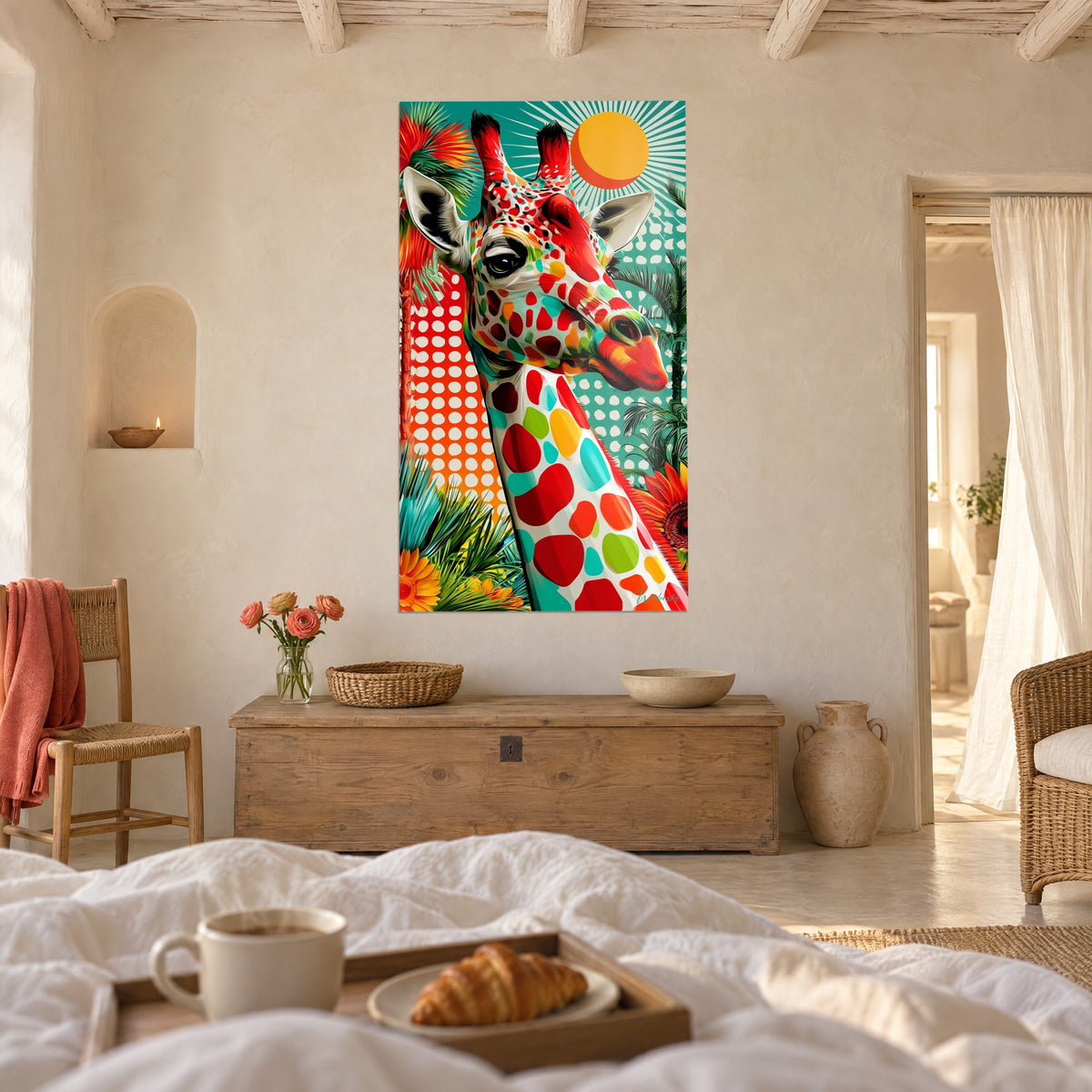 Cuadro retrato de jirafa con cuernos rojos y hocico naranja, sol amarillo sobre fondo turquesa, encima de una cama en un dormitorio luminoso