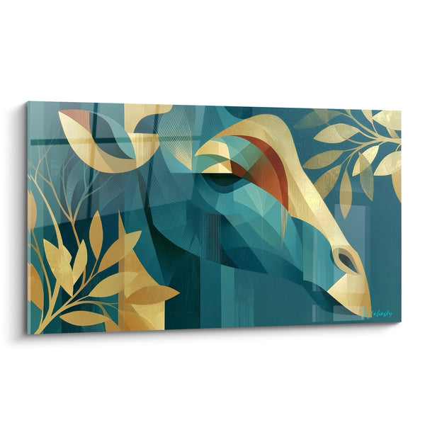 Tableau Girafe stylisée sarcelle et dorée feuillages - Songe végétal - Edition Girafe