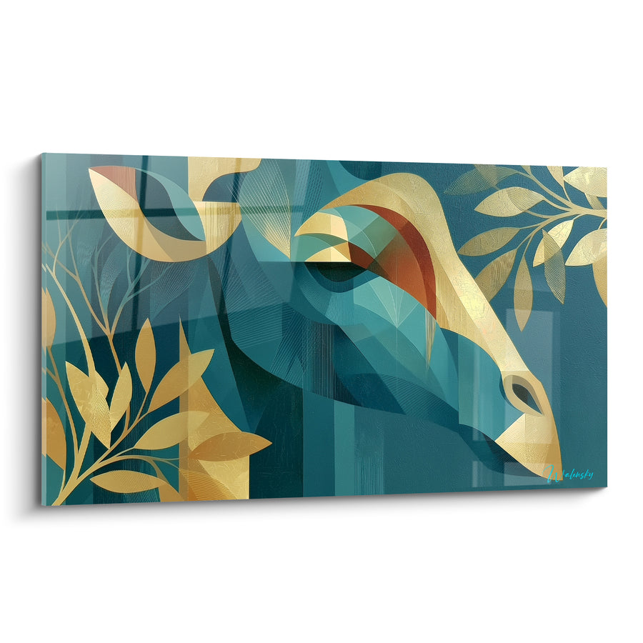 Tableau Girafe stylisée sarcelle et dorée feuillages - Songe végétal - Edition Girafe
