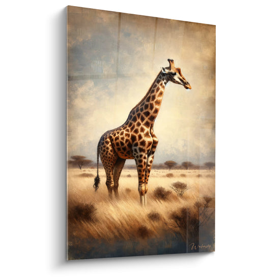Tableau Girafe brune et beige dans les hautes herbes - Acacias lointains de la savane - Edition Girafe