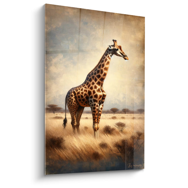 Tableau Girafe brune et beige dans les hautes herbes - Acacias lointains de la savane - Edition Girafe