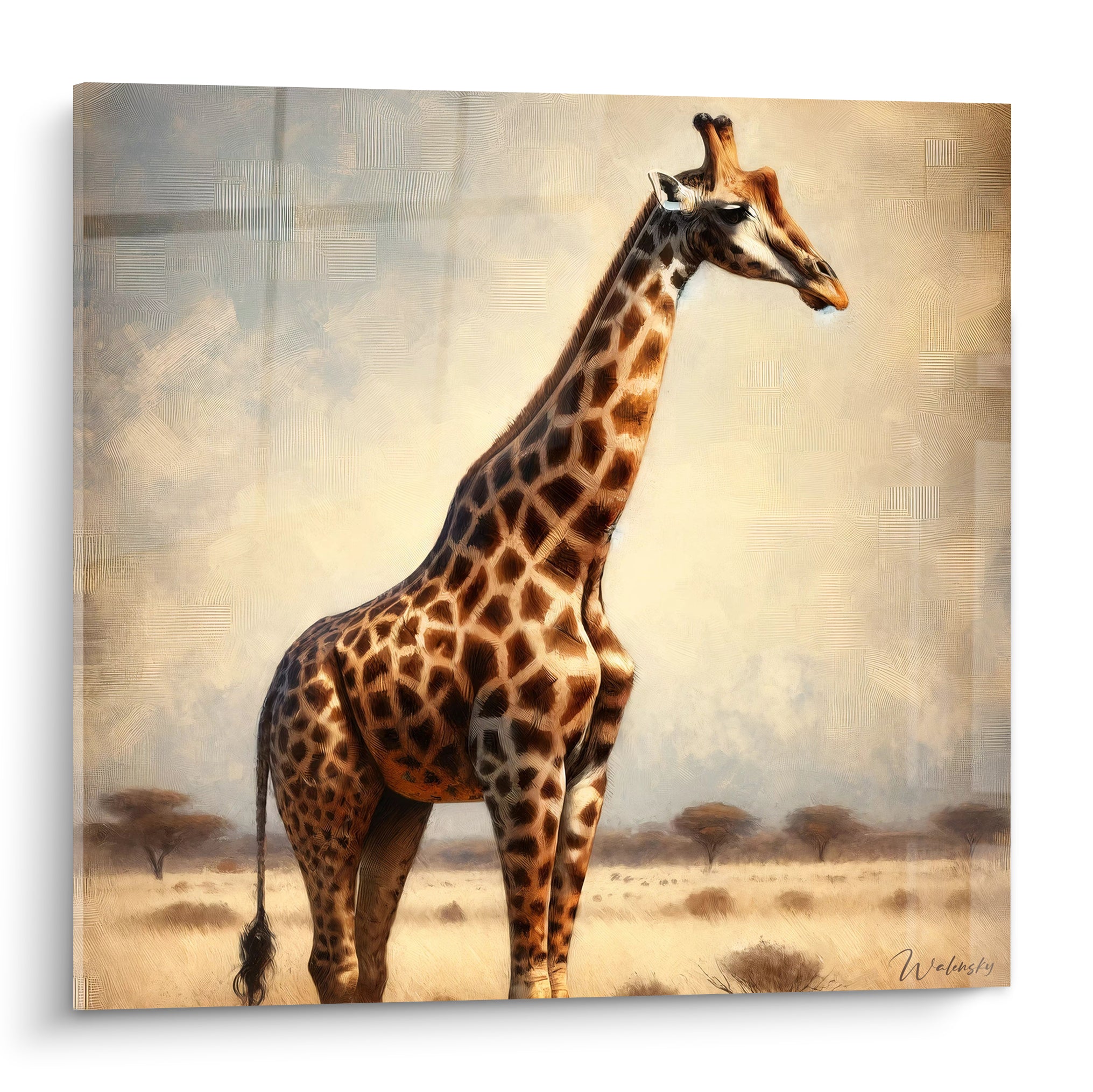 Girafe brune debout de profil dans une savane beige et bleu pastel poussiéreux