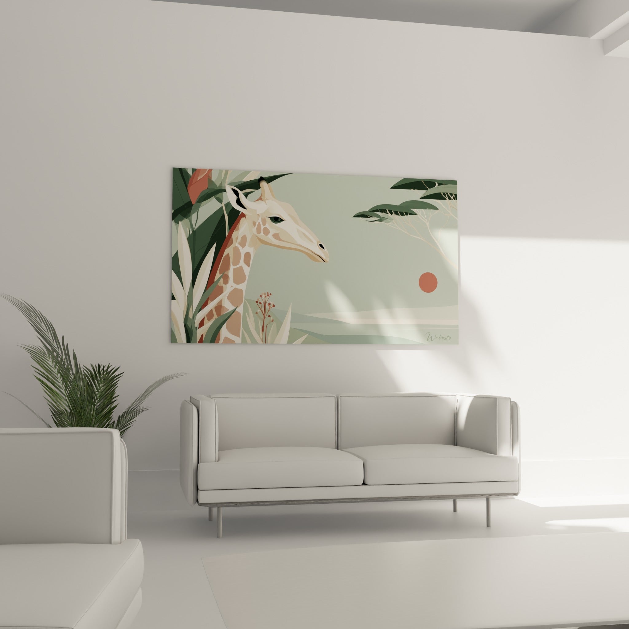 Silhouette de girafe stylisée en vert sauge suspendue au-dessus d'un canapé dans un salon lumineux