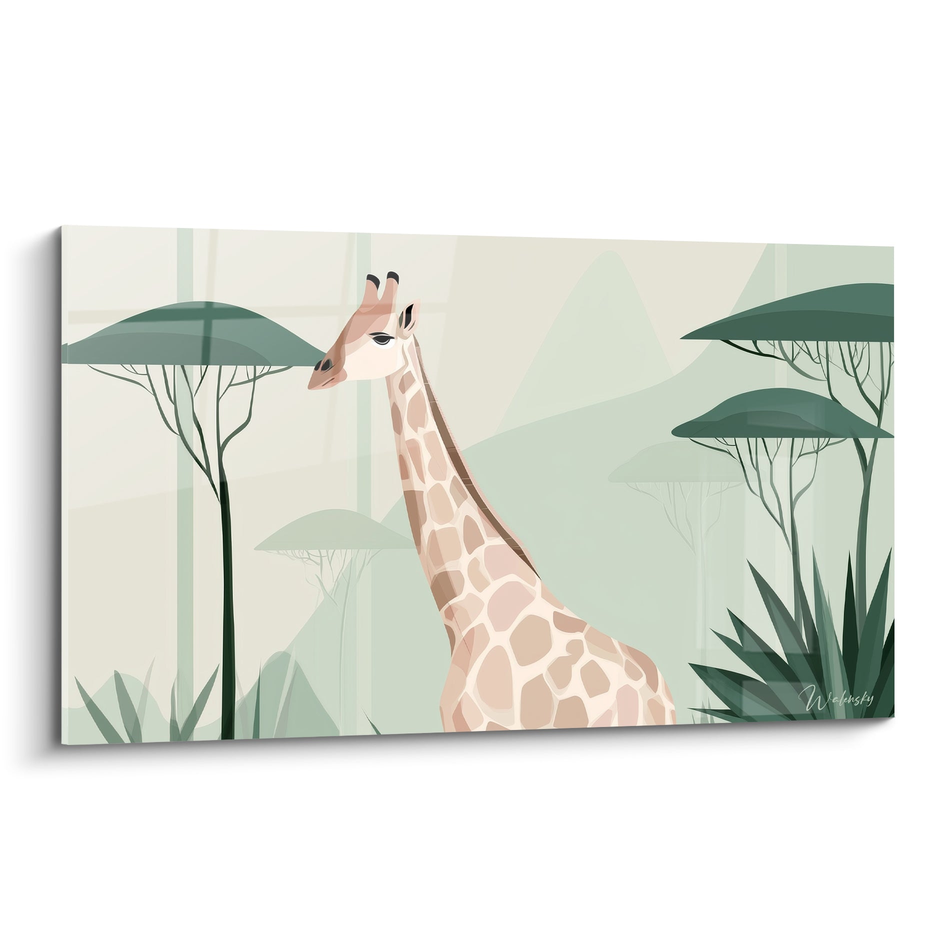 Girafe beige au cou élancé entre acacias vert sauge, illustration graphique de savane apaisée
