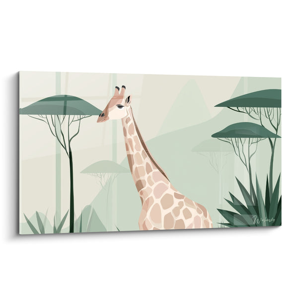 Tableau Girafe beige et vert sous acacias ombragés - Collines pastel lointaines - Edition Girafe