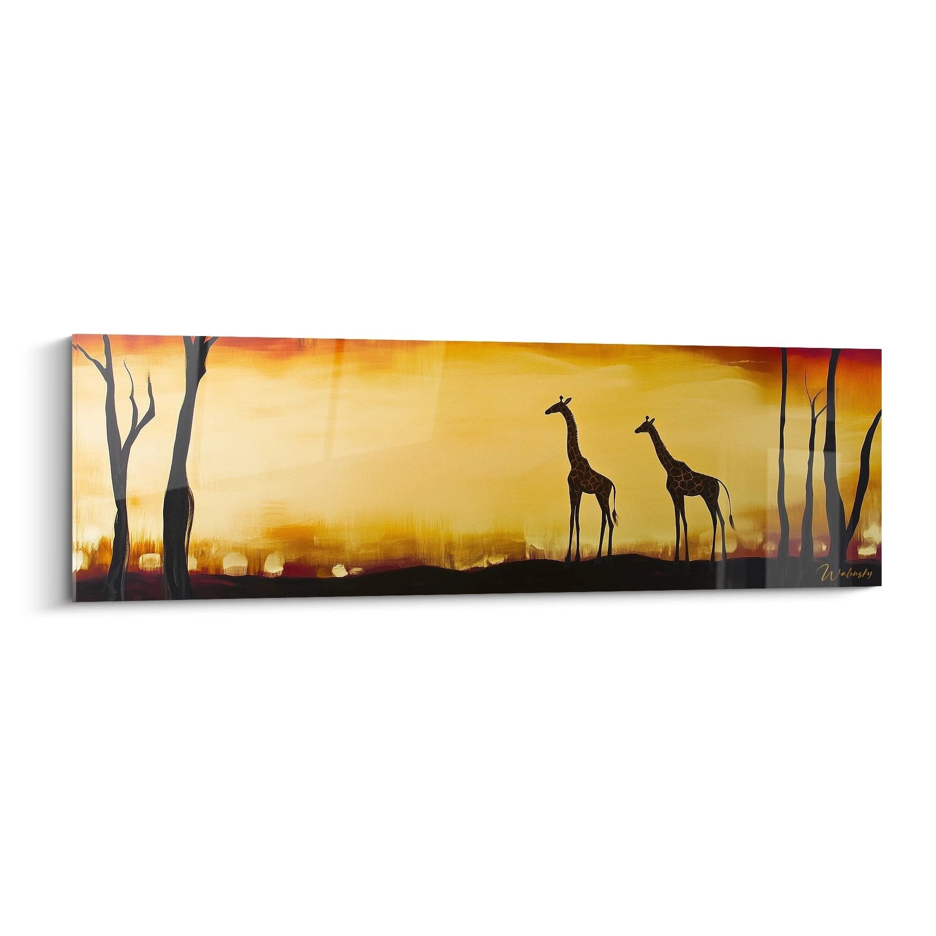Tableau girafe Walensky avec silhouettes de girafes sur fond de coucher de soleil orange