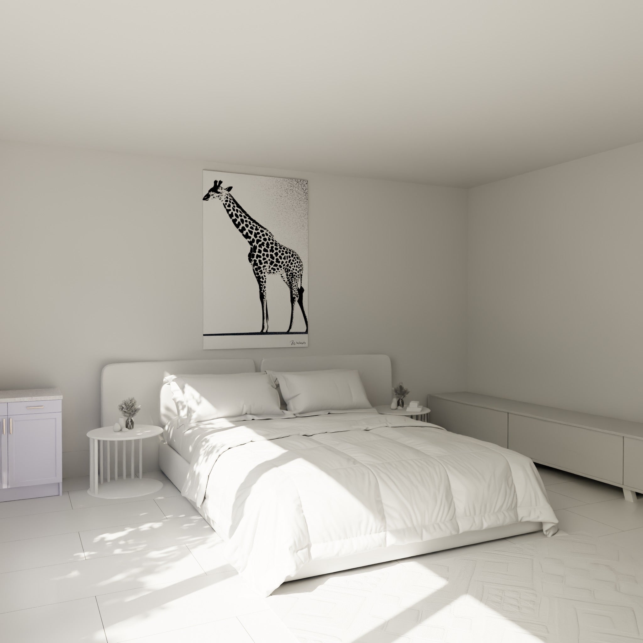Silhouette de girafe tachetée noire, cou élancé, au-dessus d'un lit dans une chambre claire