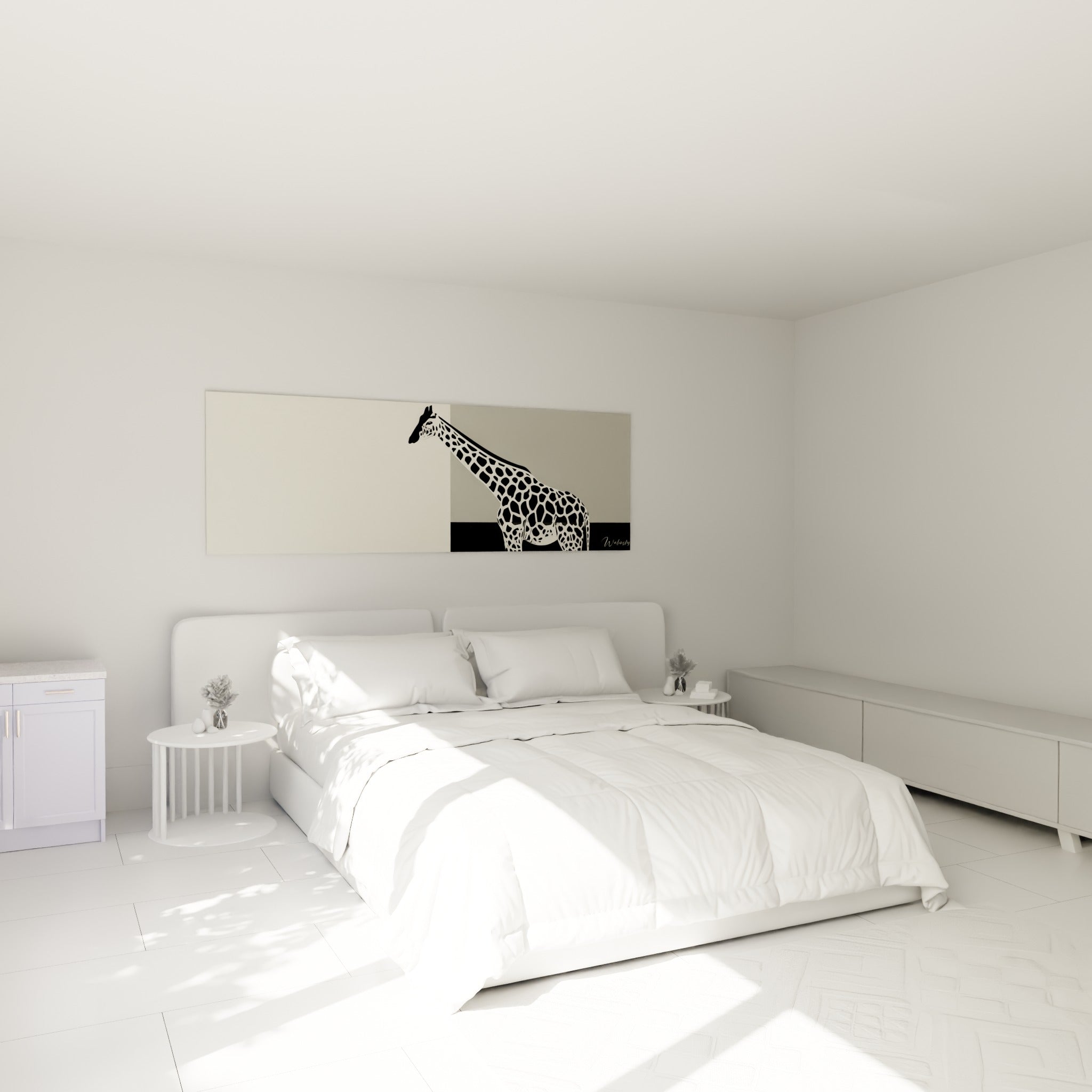 Silhouette de girafe en aplats noir et gris avançant vers la gauche, au-dessus d'un lit dans une chambre claire