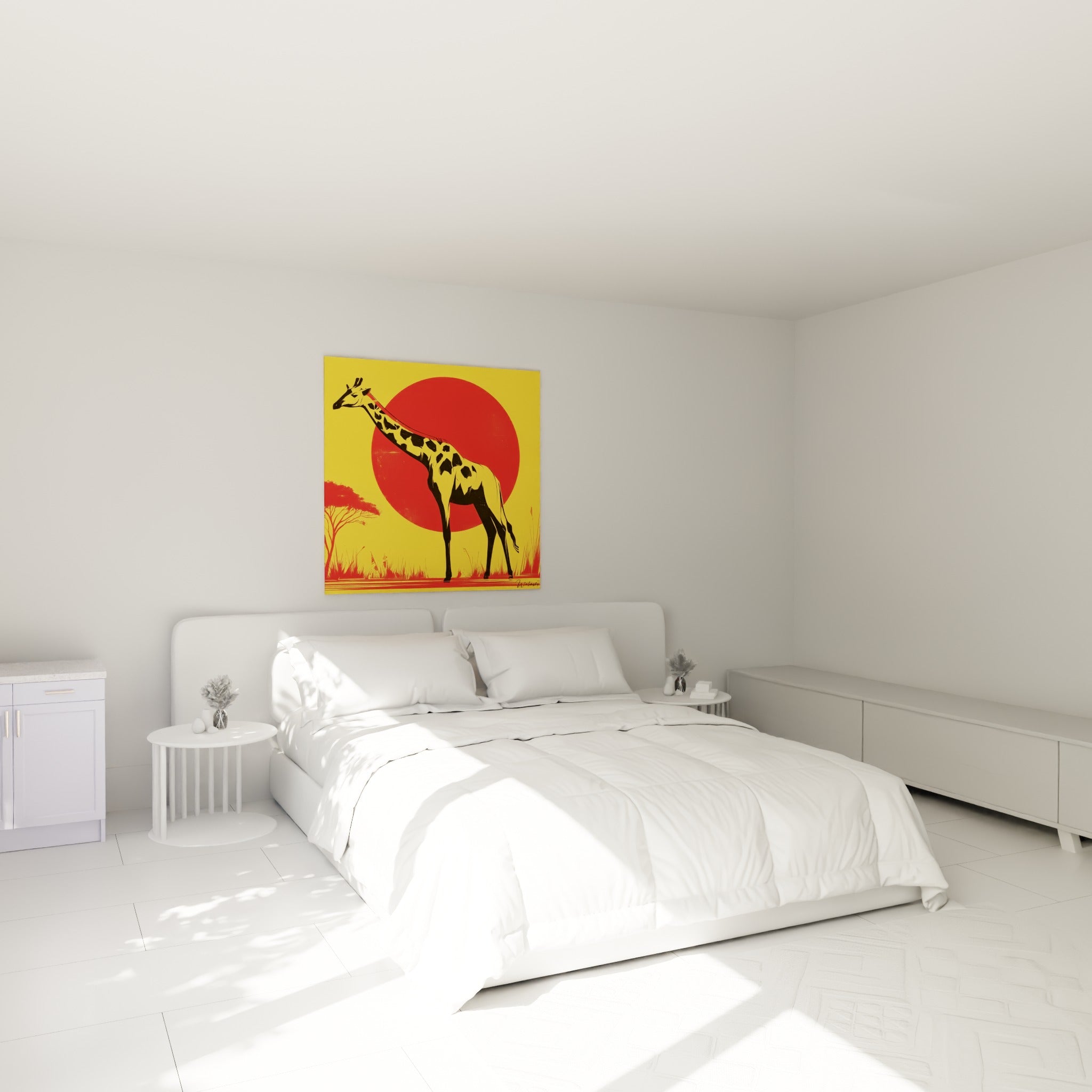 Silhouette de girafe noire et rouge accrochée au-dessus d'un lit dans une chambre claire