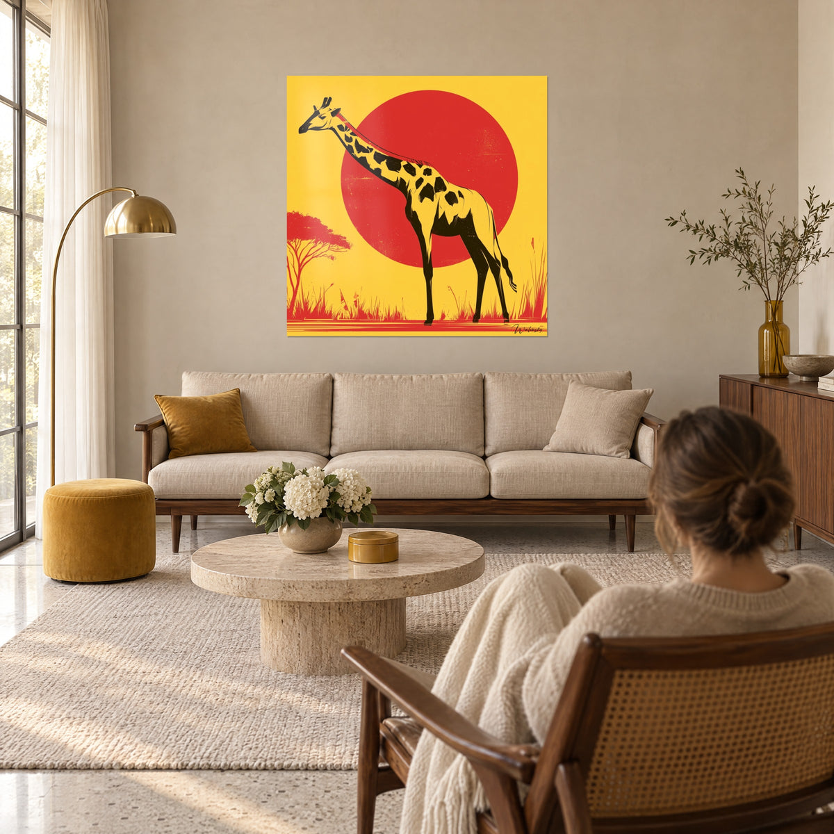 Gemälde einer stilisierten Giraffe mit schwarzen Flecken vor einer großen roten Sonne, safrangelber Hintergrund, über einem Sofa in einem lichtdurchfluteten Wohnzimmer