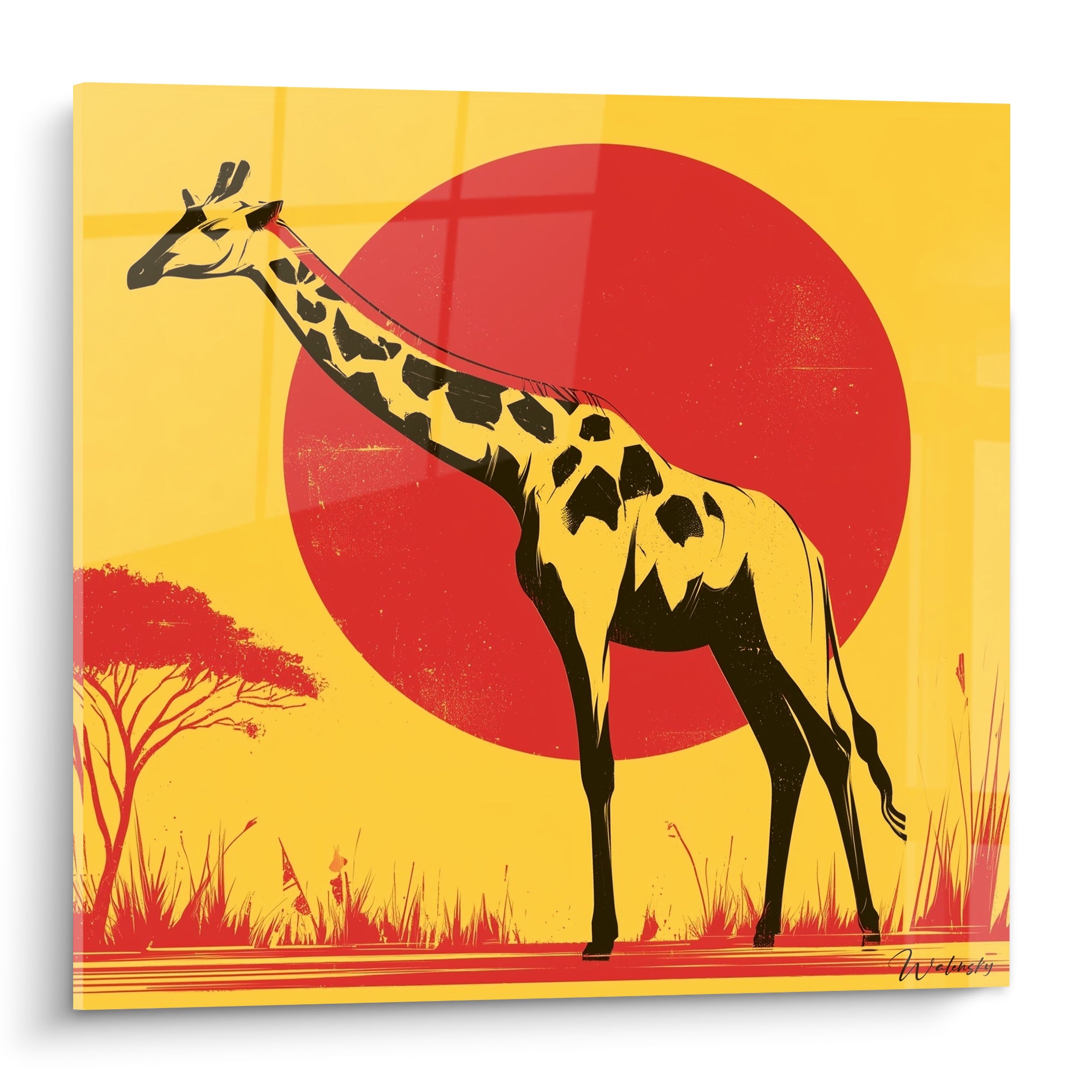 Girafe noire silhouette sur fond jaune vif et disque rouge façon savane graphique