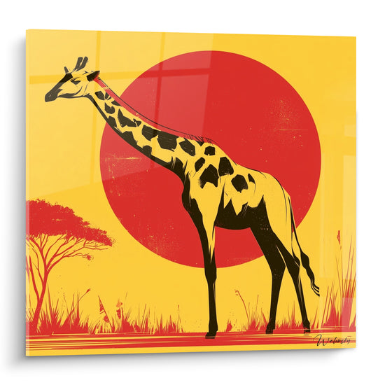 Girafe noire silhouette sur fond jaune vif et disque rouge façon savane graphique