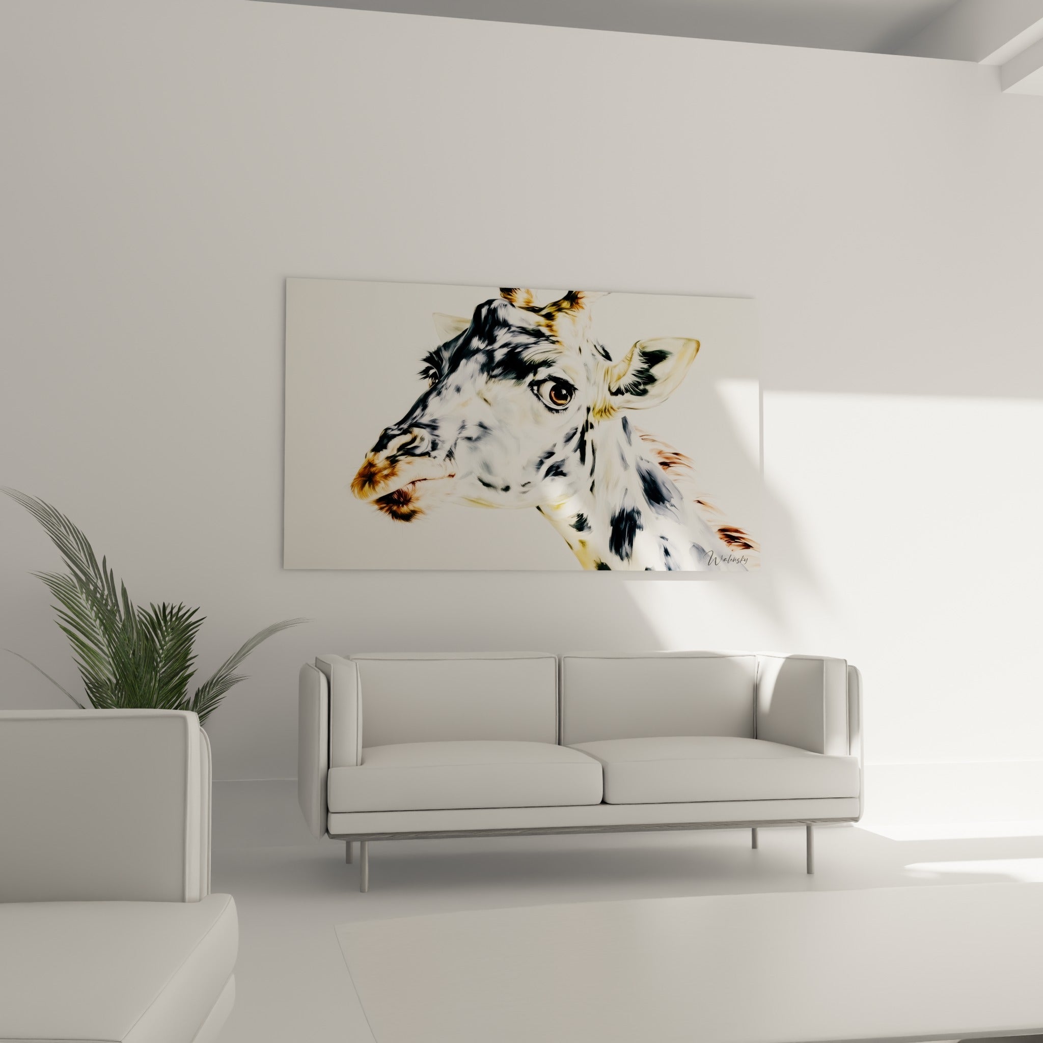 Œil expressif et pelage tacheté noir blanc de la girafe suspendue au-dessus d'un canapé dans un salon lumineux