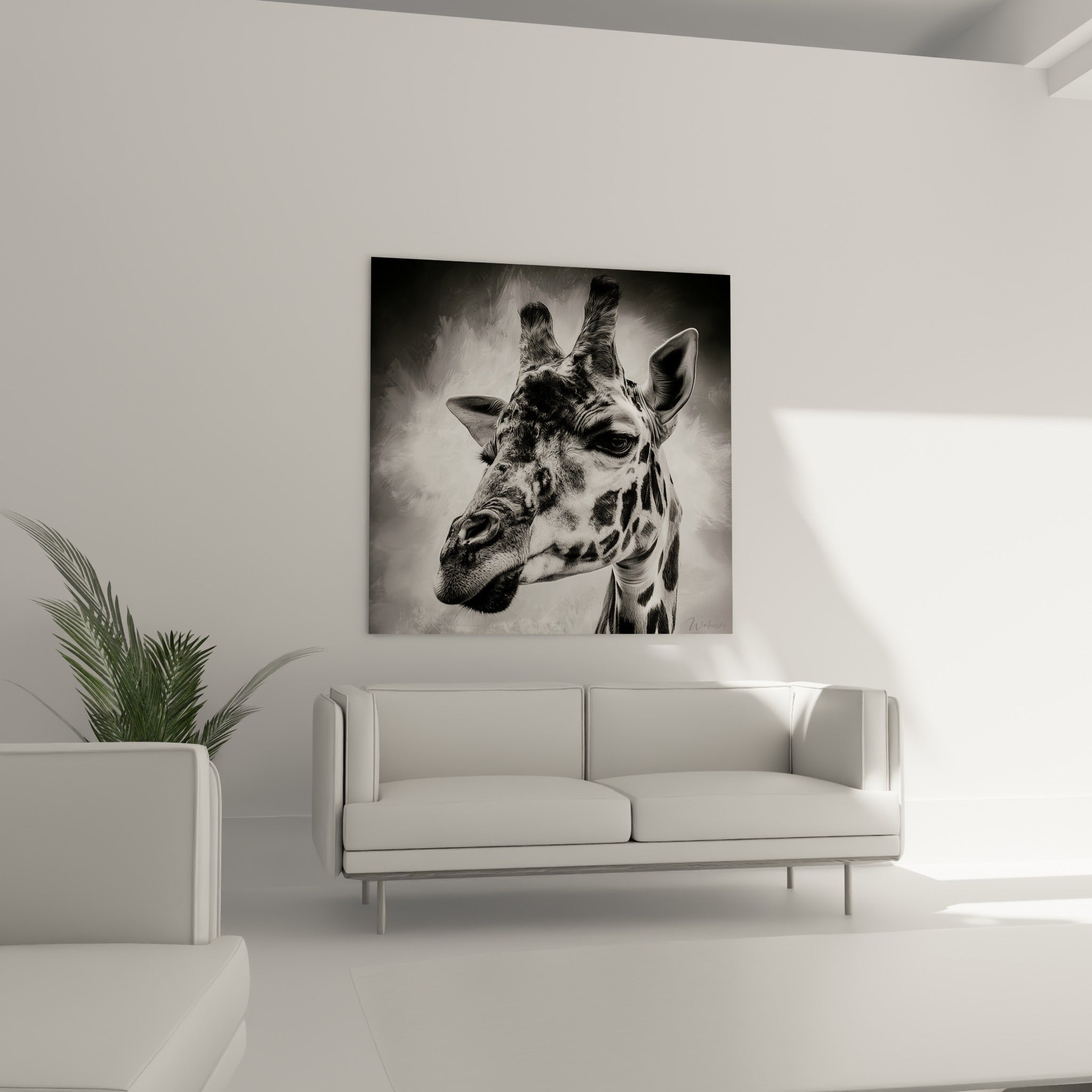 Tête de girafe au regard perçant, contrastes noir profond et blanc pur, au-dessus d'un canapé dans un salon lumineux
