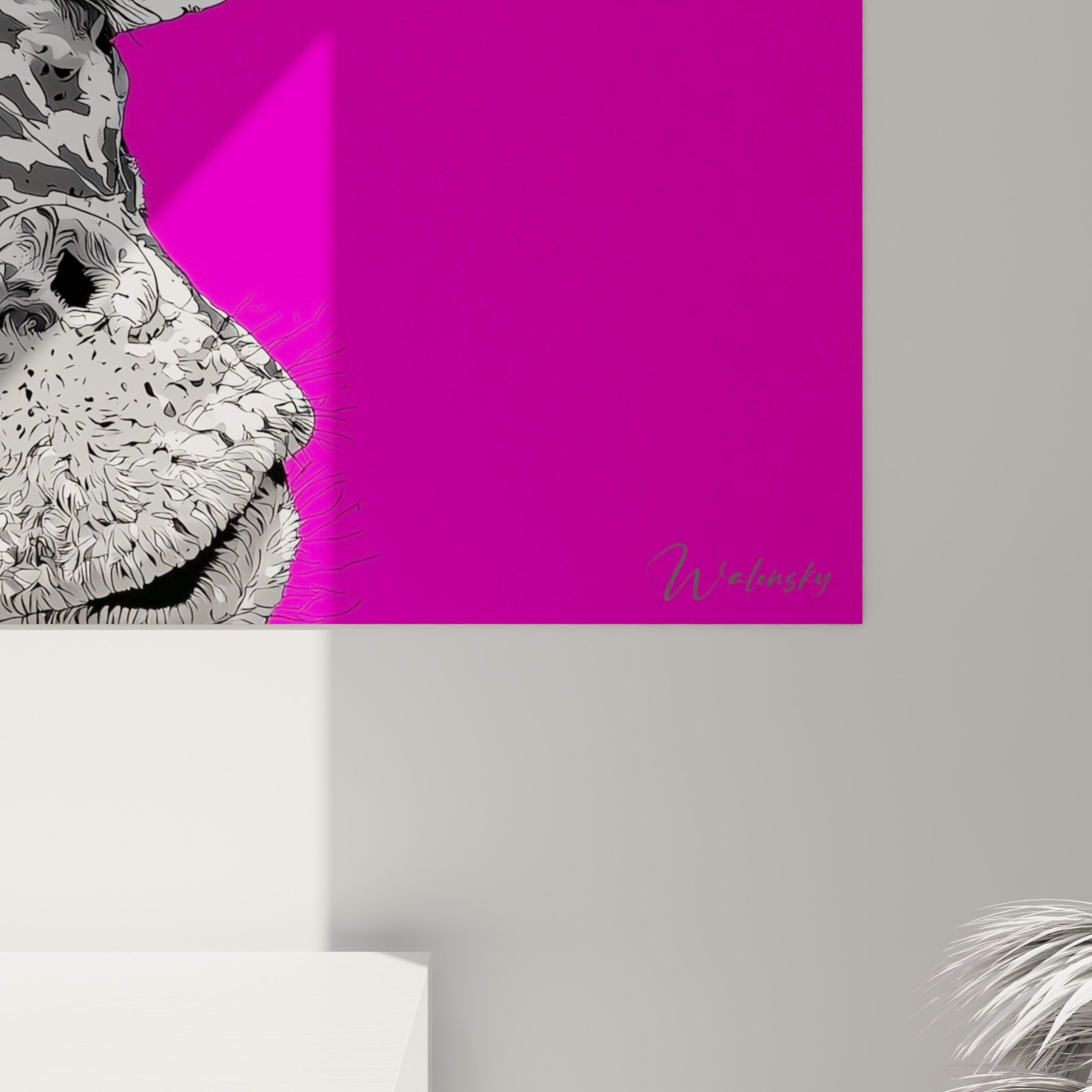 Empâtements du pelage gris et blanc de la girafe, coulures roses et jaunes visibles au sommet du crâne
