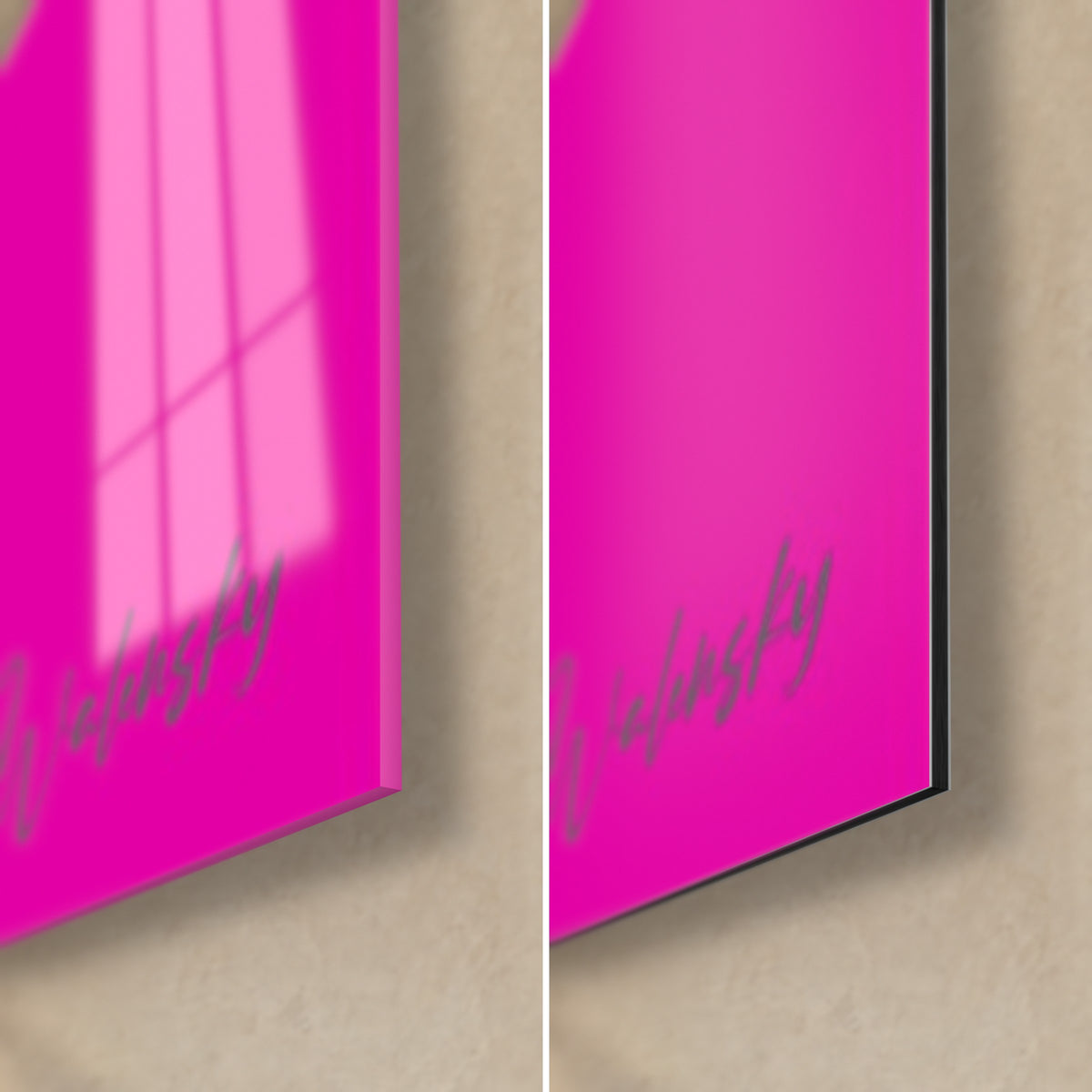 Gemälde Giraffe in Fuchsia, Ecke unten rechts aus glänzendem Acrylglas mit Reflexen und mattem Dibond-Alu, graue Signatur, 3 mm Kantenstärke
