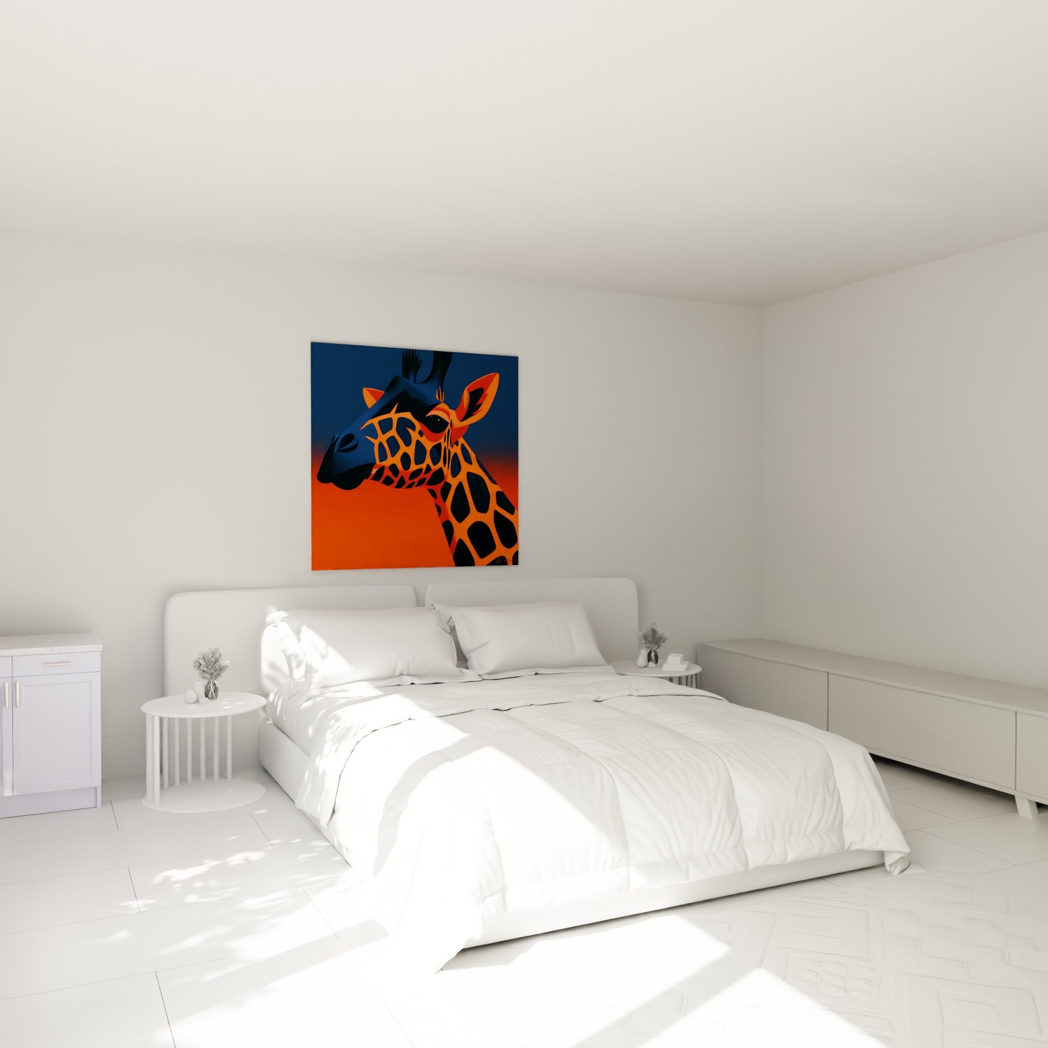 Profil de girafe aux tons orange et anthracite, taches noires marquées, au-dessus d'un lit dans une chambre claire