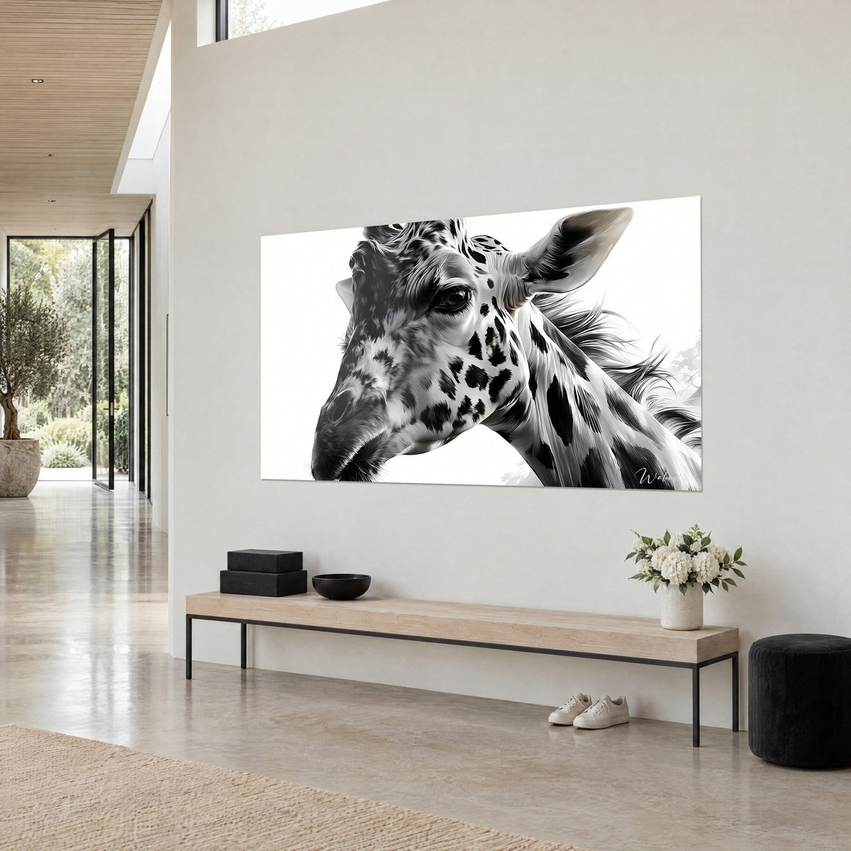 Quadro ritratto di giraffa, orecchio grigio dritto e criniera di ciocche nere su sfondo bianco puro, sopra una panca in legno chiaro