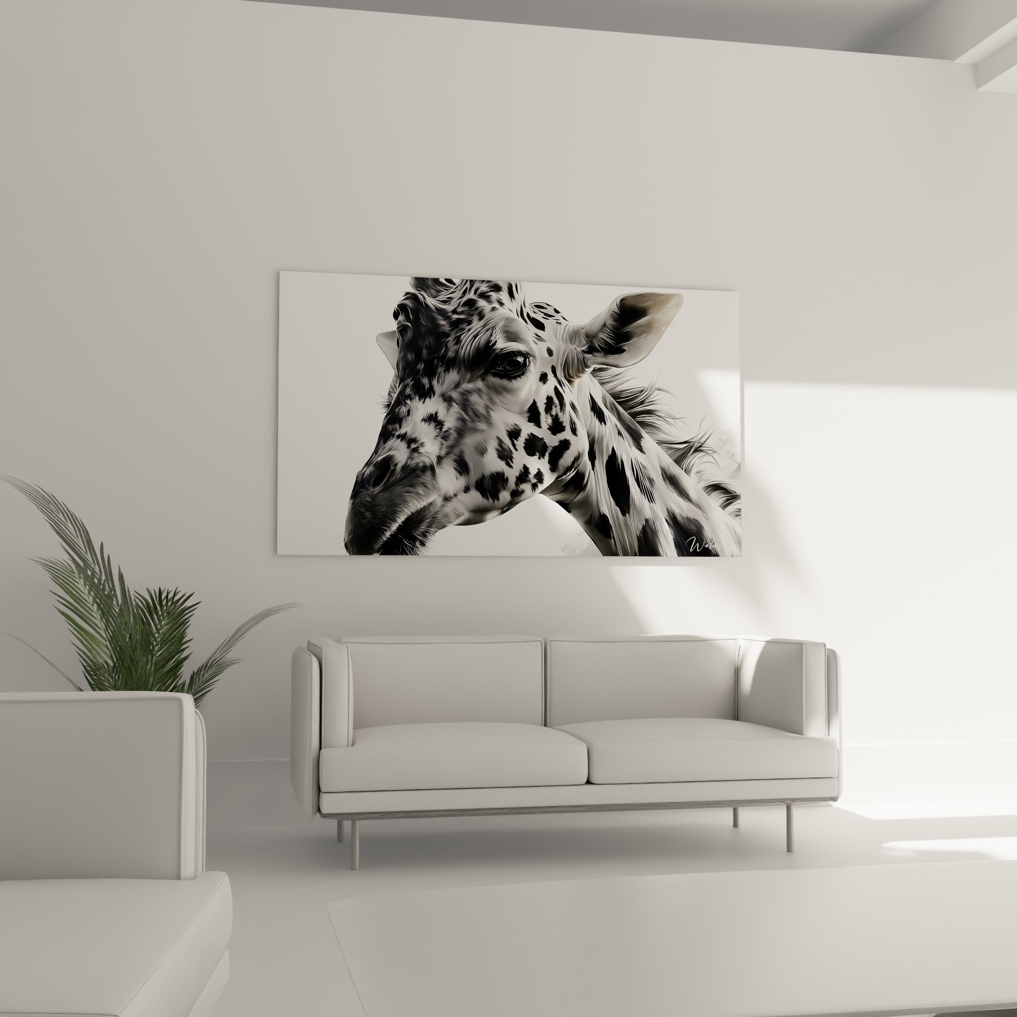 Tête de girafe noire et blanche aux motifs contrastés, au-dessus d'un canapé dans un salon lumineux