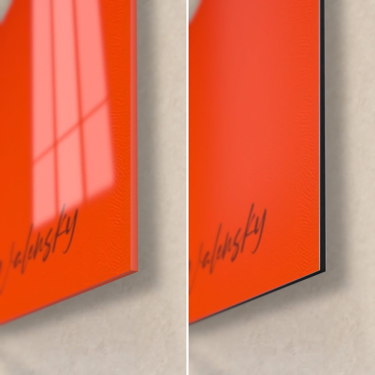 Quadro giraffa arancio e blu navy, angolo in basso a destra: vetro acrilico lucido a sinistra, alluminio Dibond opaco a destra, spessore 3 mm