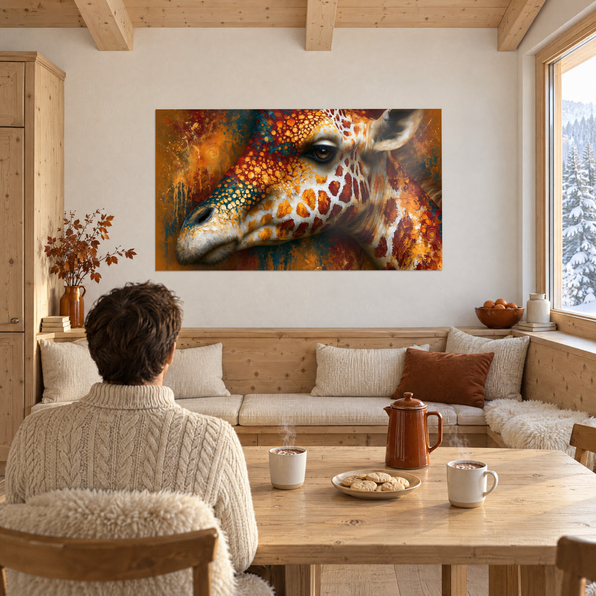 Quadro maestosa giraffa con colature ocra e blu petrolio, vista da un uomo di spalle seduto a tavola in uno chalet di montagna