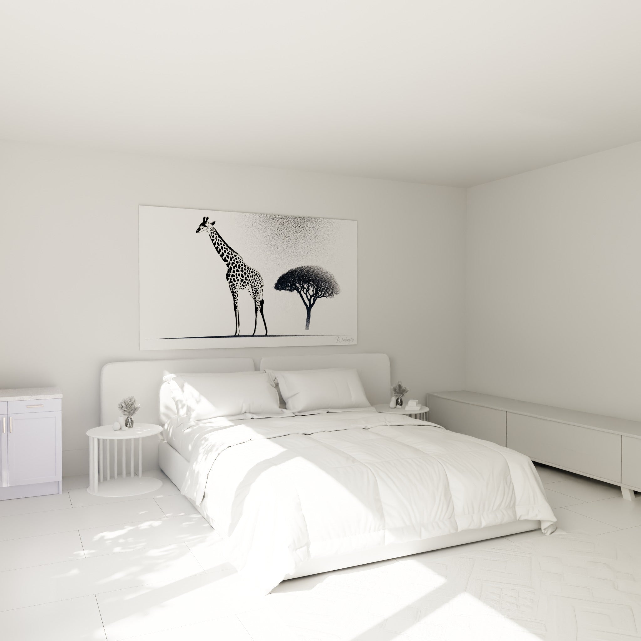 Silhouette de girafe noire et blanche accrochée au-dessus d'un lit dans une chambre claire