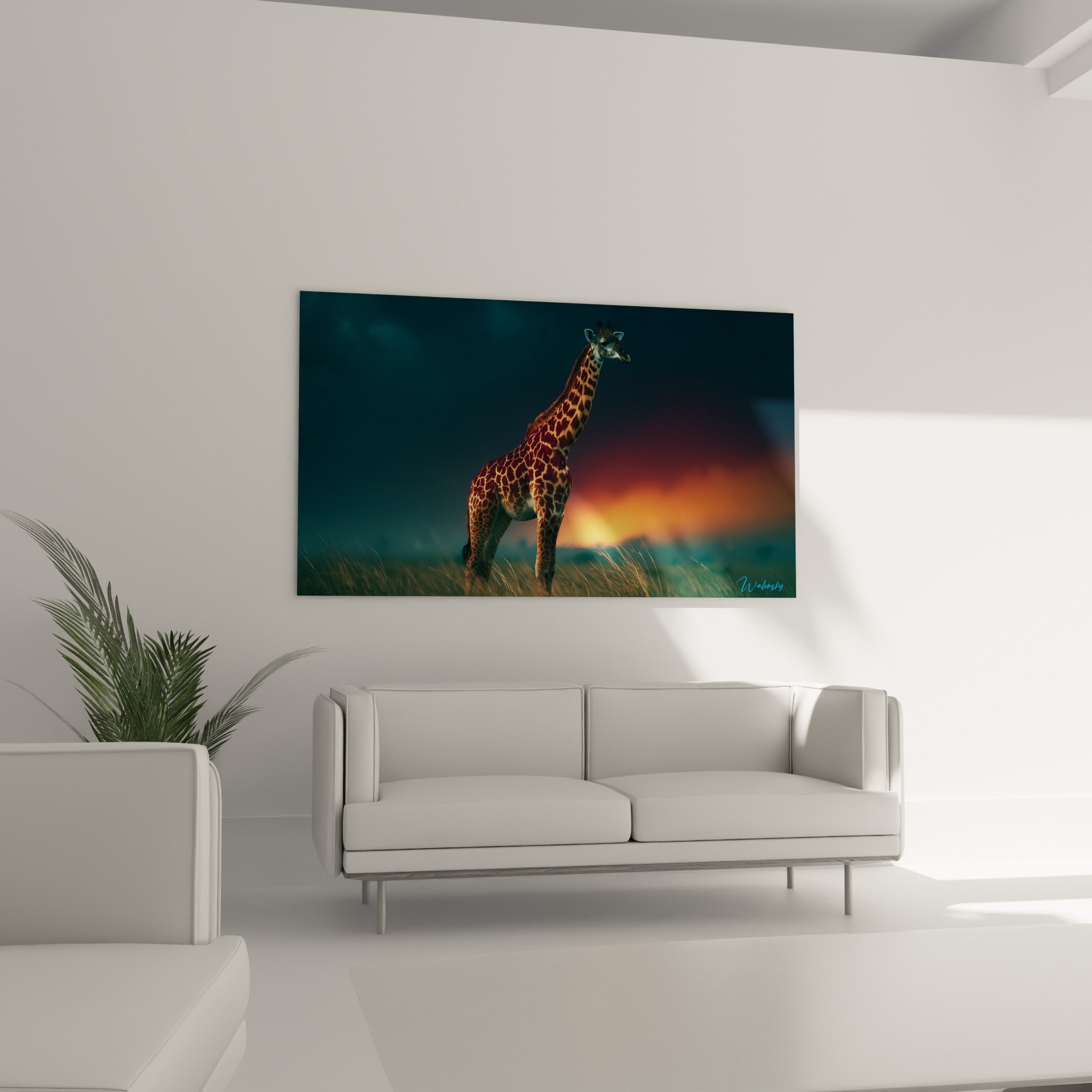 Animal fauve à motifs tachetés surplombant un canapé dans un salon lumineux aux teintes neutres