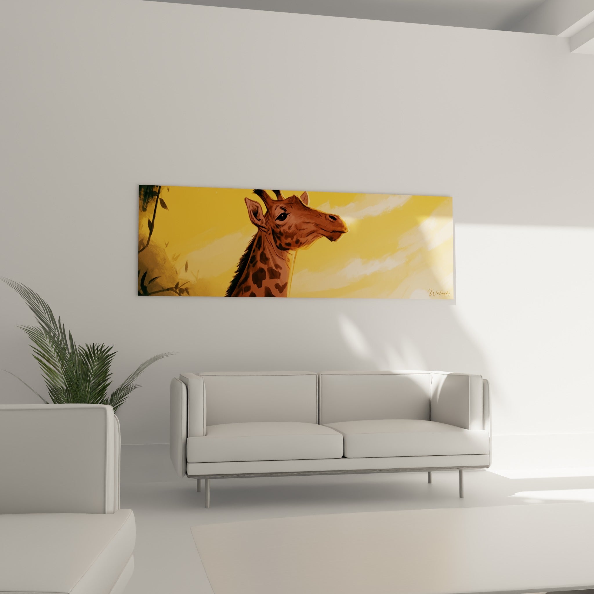 Profil de girafe aux tons ambrés et feuillage sombre, disposé au-dessus d'un canapé dans un salon lumineux