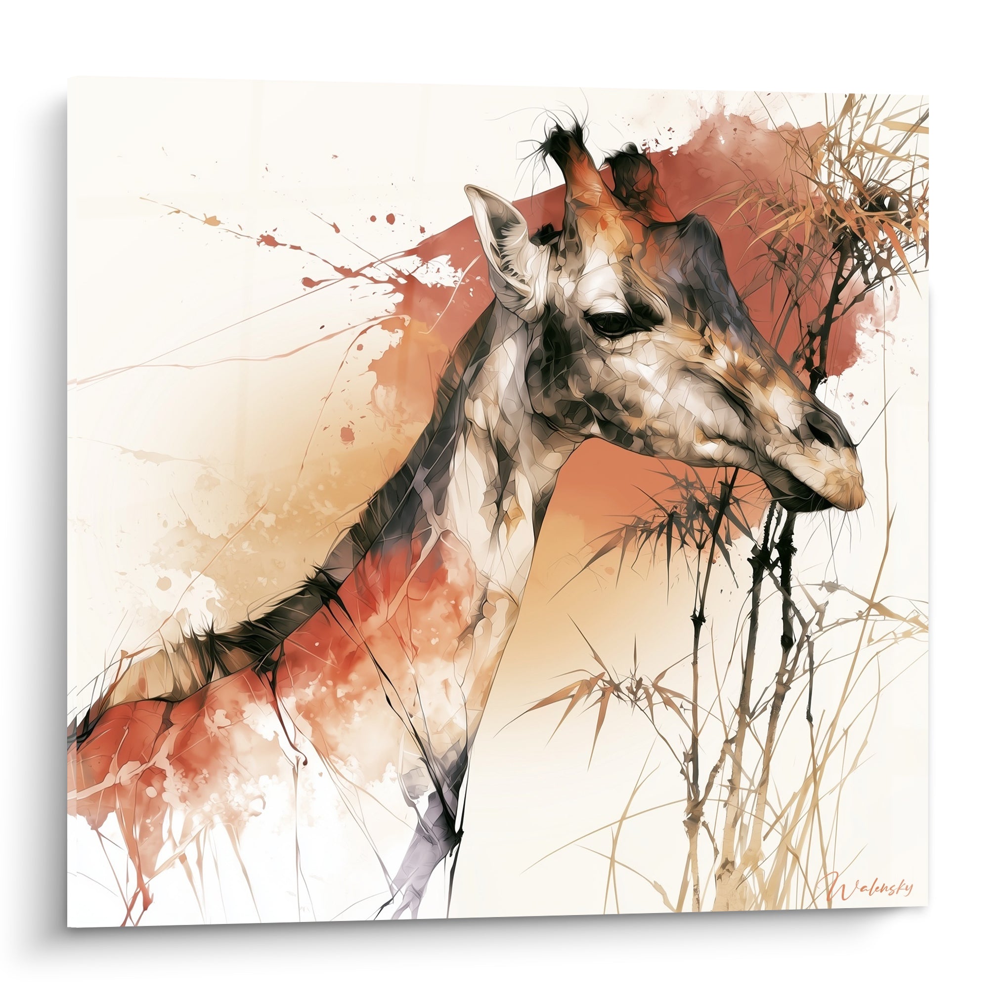 Girafe terracotta et ivoire au regard doux, herbes sèches dorées en arrière-plan aquarelle