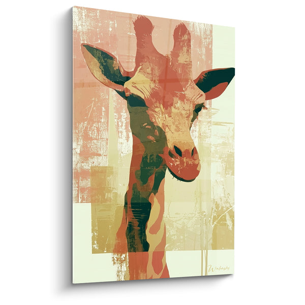 Tableau Girafe corail et olive au fond patiné - Blocs de couleurs pastel - Edition Girafe