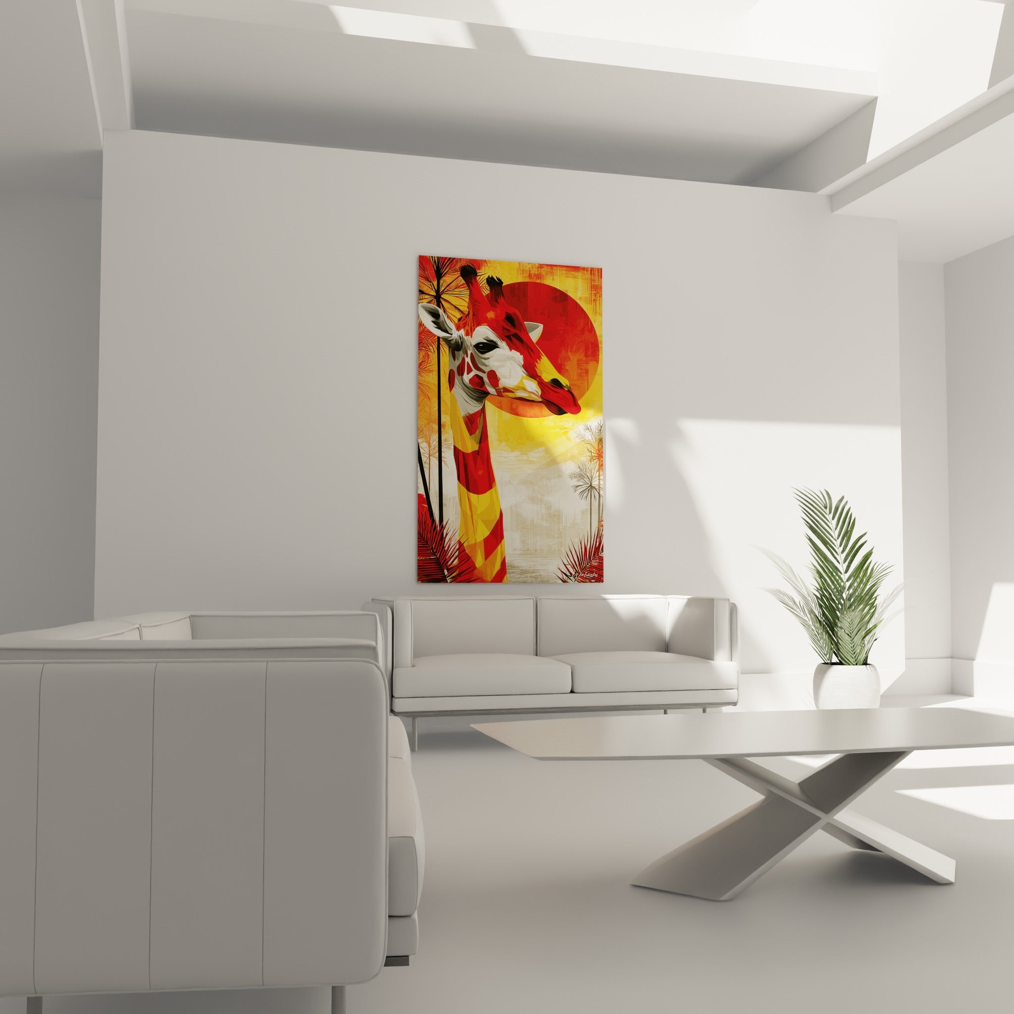 Portrait de girafe stylisé aux tons jaune moutarde et rouge terracotta au-dessus d'un canapé dans un salon lumineux