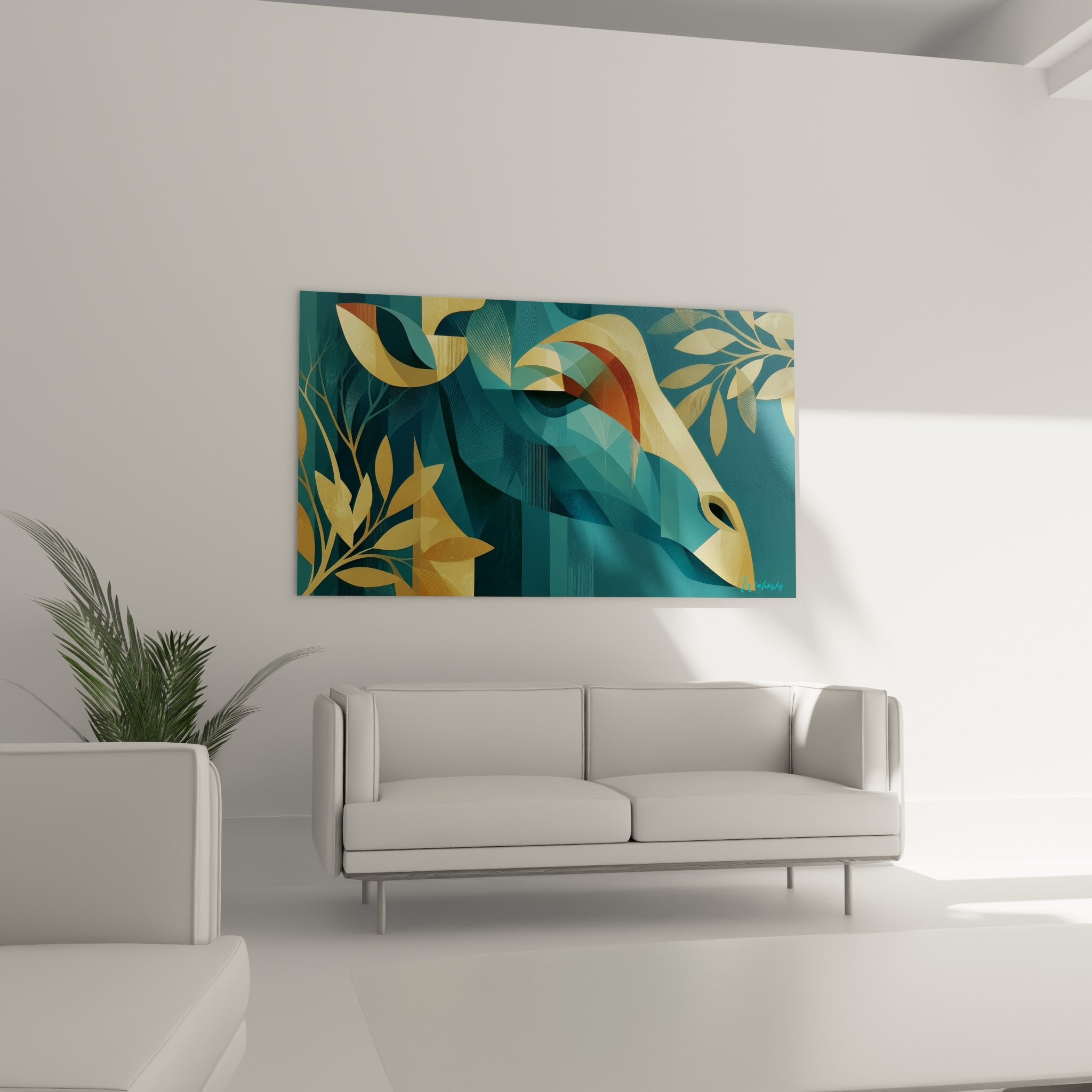 Tête de girafe bleu pétrole et feuilles dorées au-dessus d'un canapé dans un salon lumineux