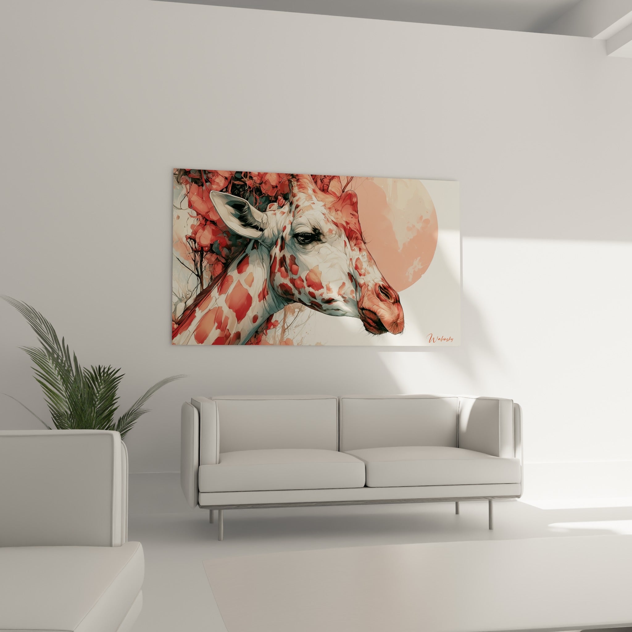 Profil de girafe aux teintes terracotta et blanches au-dessus d'un canapé dans un salon lumineux