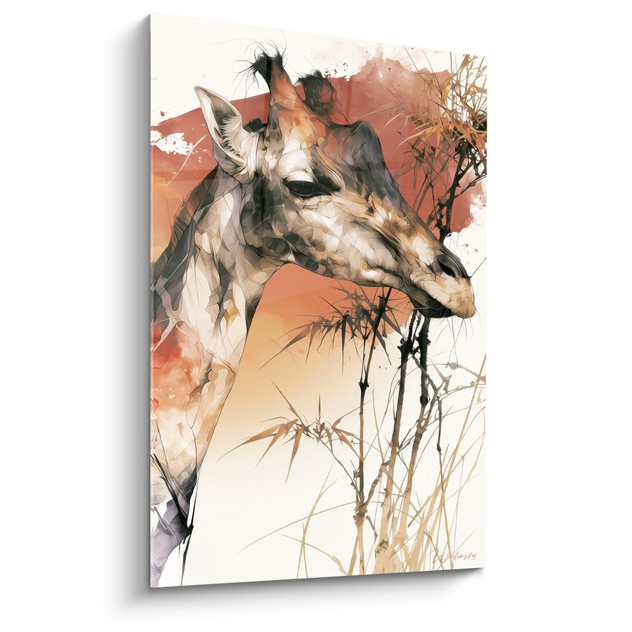 Tableau Girafe corail et ivoire parmi les roseaux secs - Profil au crépuscule - Edition Girafe