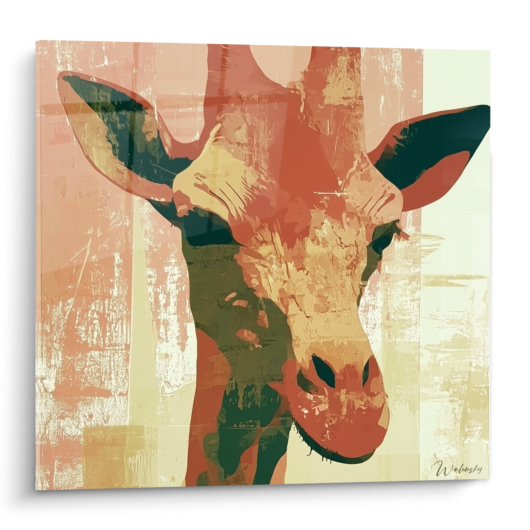 Girafe terracotta au regard frontal, oreilles vert sombre, fond ocre strié en aplats graphiques