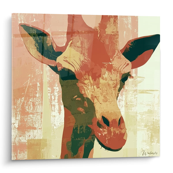 Tableau Girafe terracotta et vert bandes verticales - Veille sur la savane - Edition Girafe