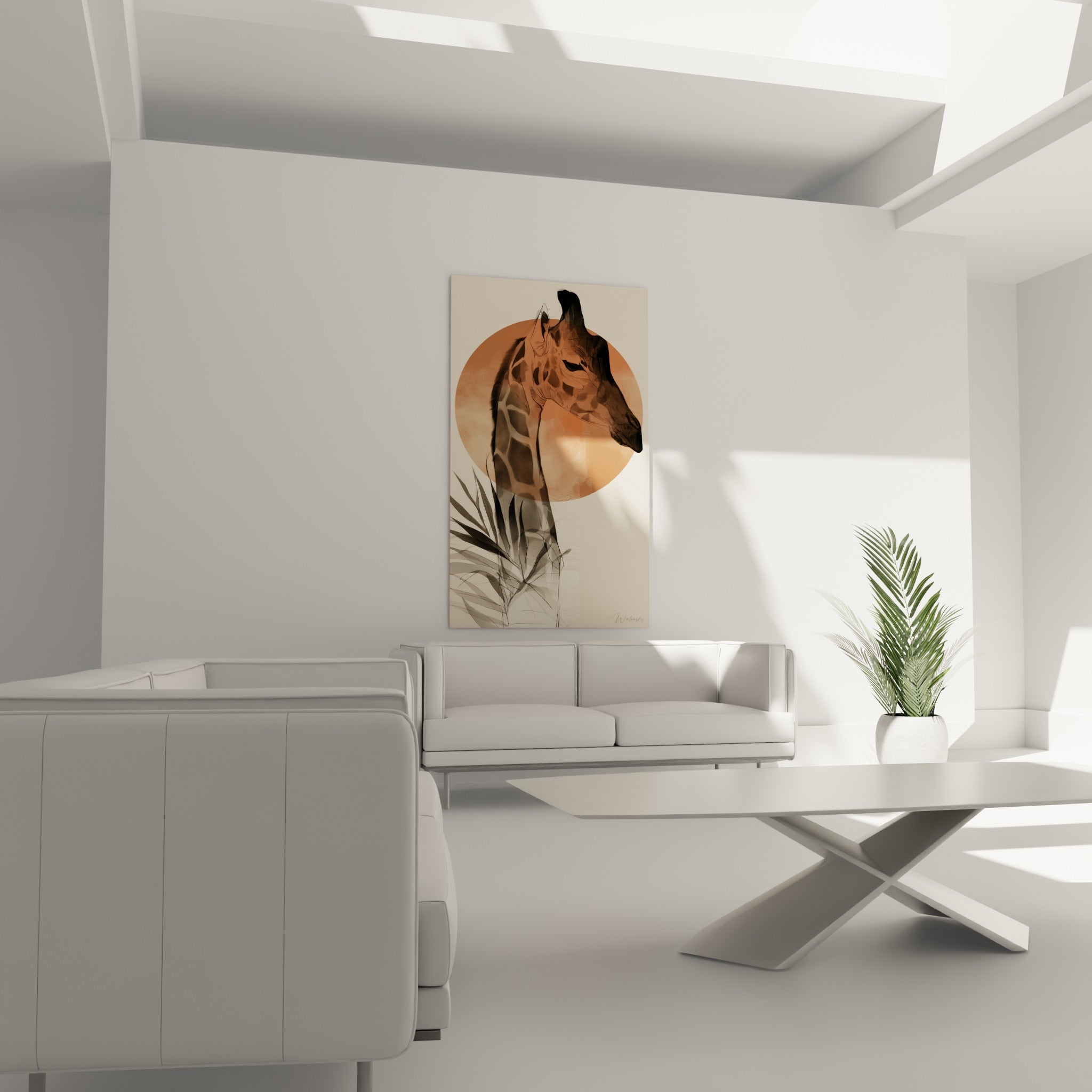 Tête de girafe aux tons beige et anthracite disposée au-dessus d'un canapé dans un salon lumineux