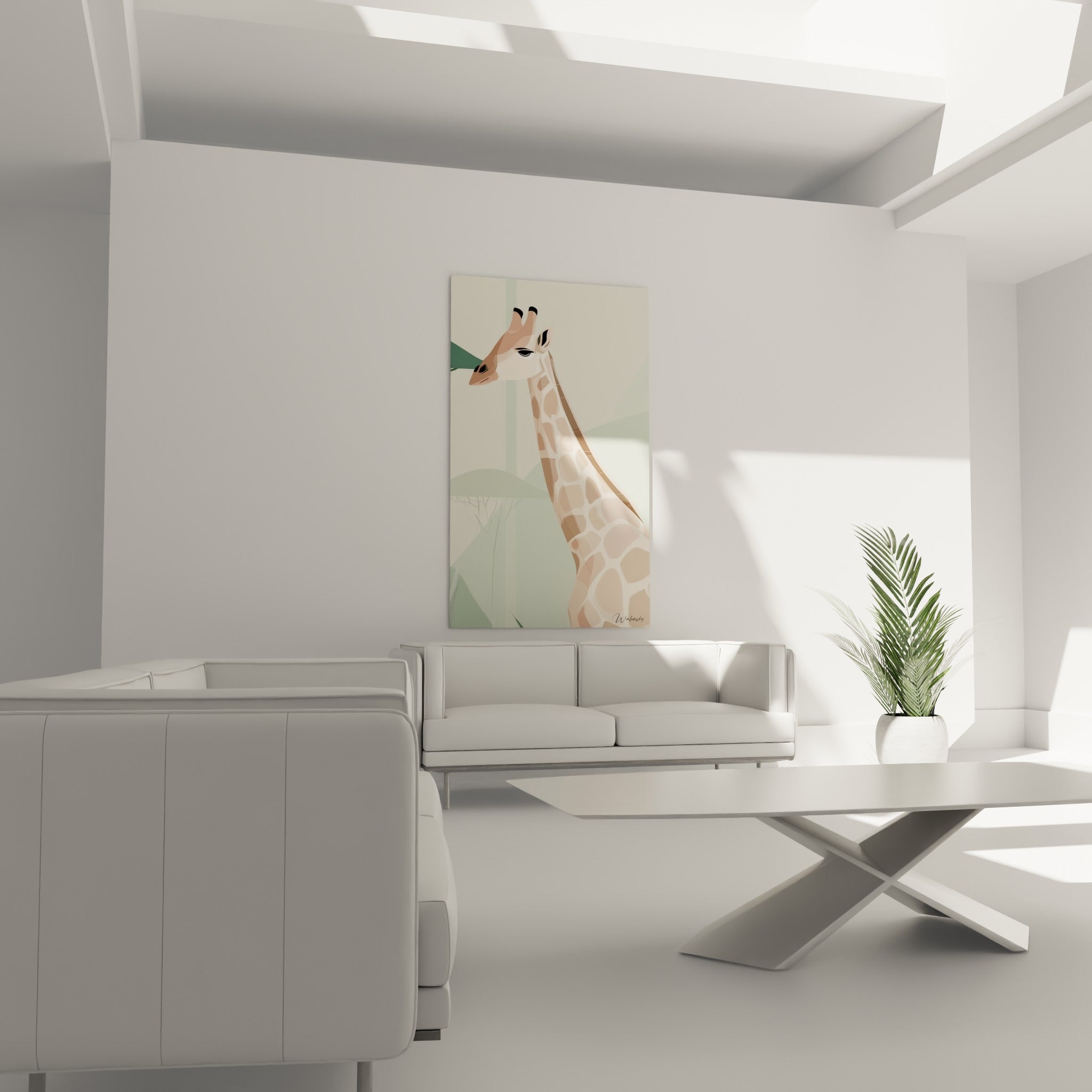 Tête de girafe aux nuances brunes et crème, langue verte visible, au-dessus d'un canapé dans un salon lumineux