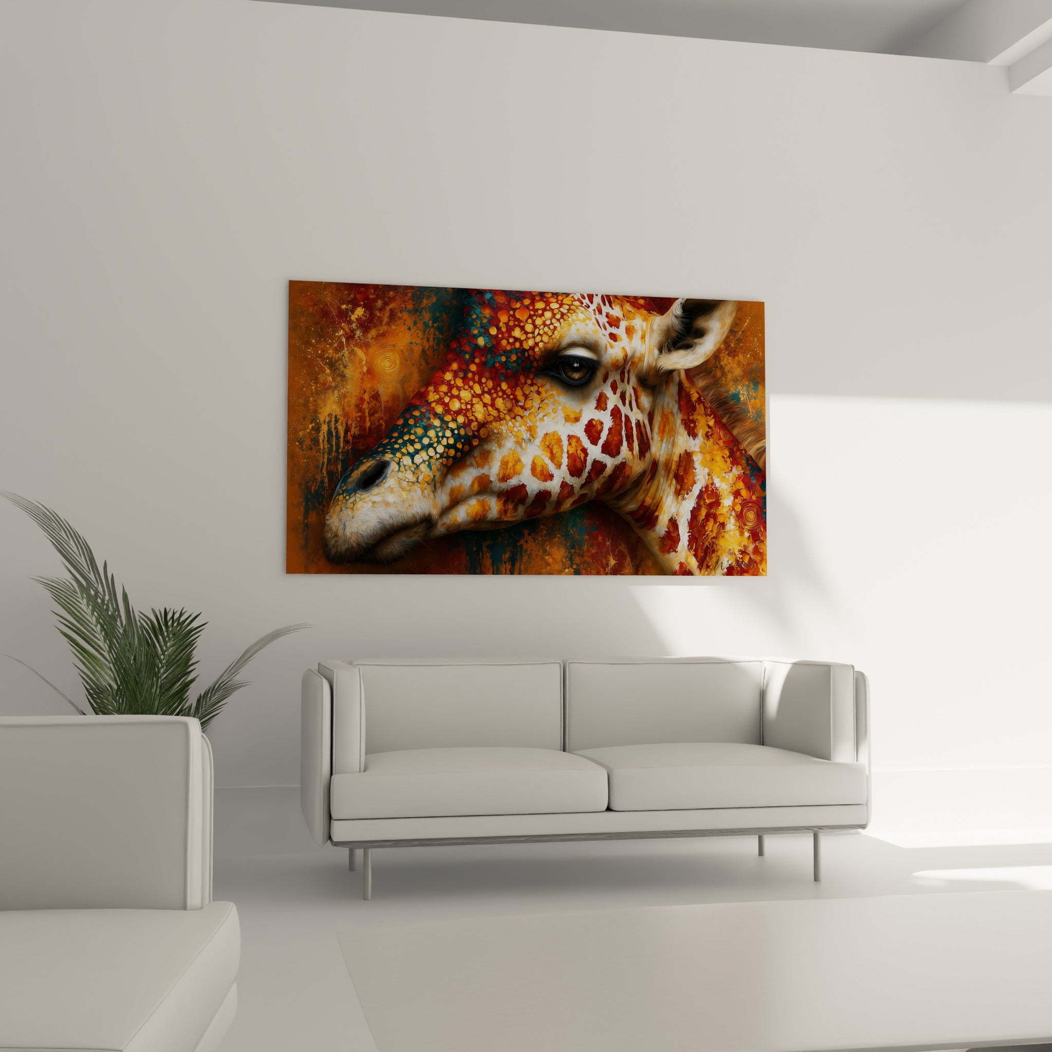 Tête de girafe dorée et bleu pétrole, expression douce, au-dessus d'un canapé dans un salon lumineux