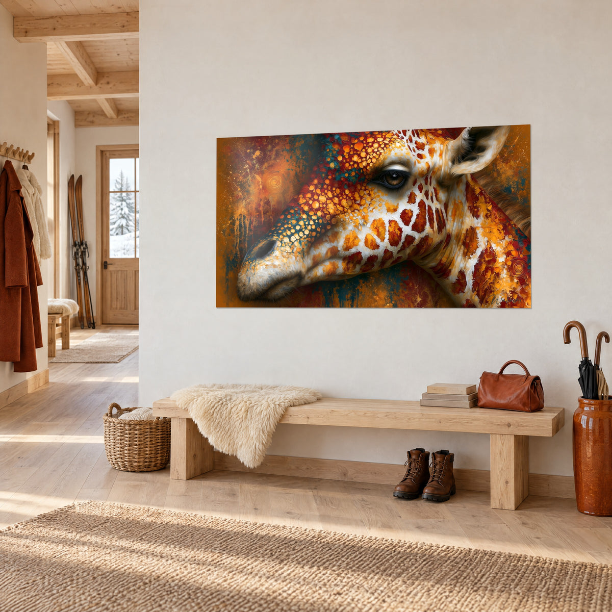 Quadro ritratto di giraffa con macchie arancioni e rosso mattone, muso blu petrolio, sopra una panca in legno in uno chalet di montagna