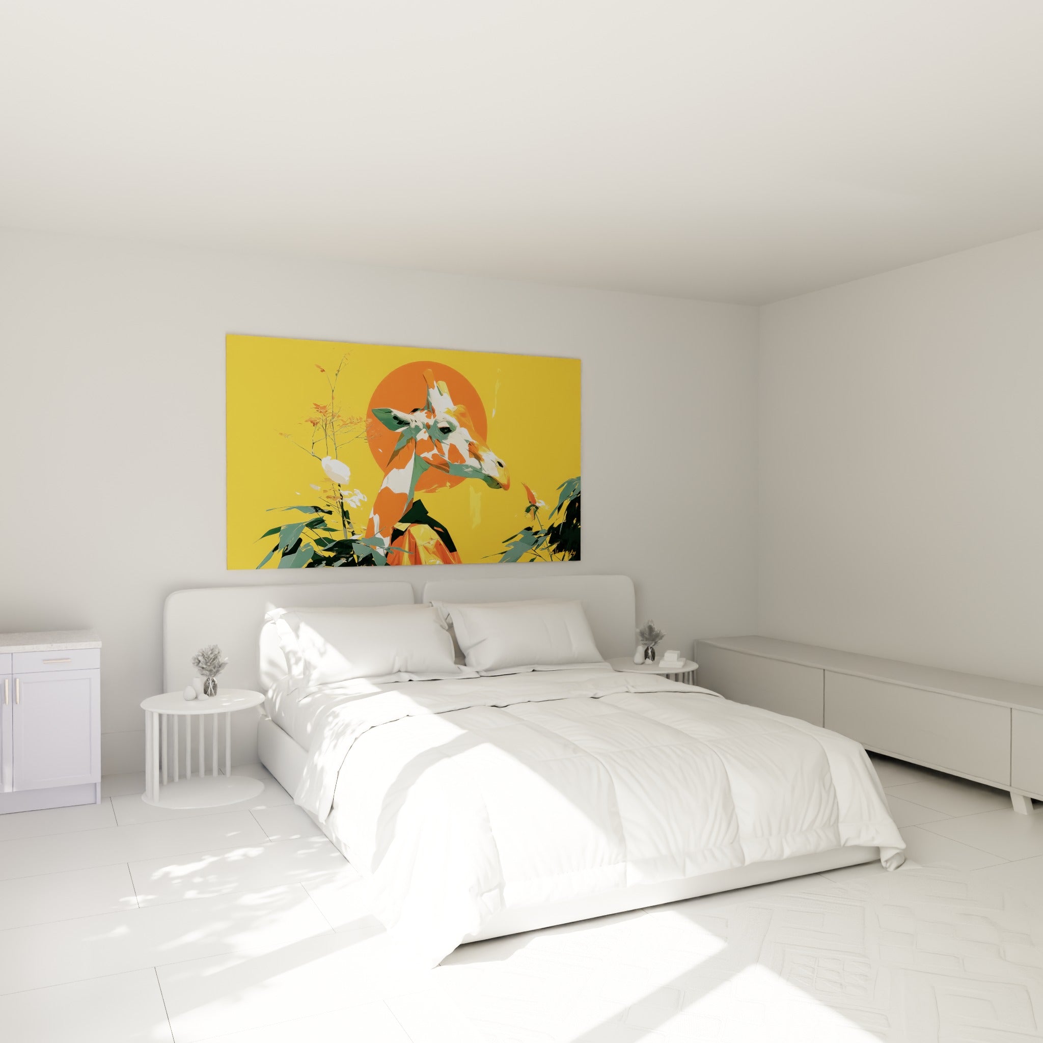 Tête de girafe orange et jaune vif au long cou, accrochée au-dessus d'un lit dans une chambre claire