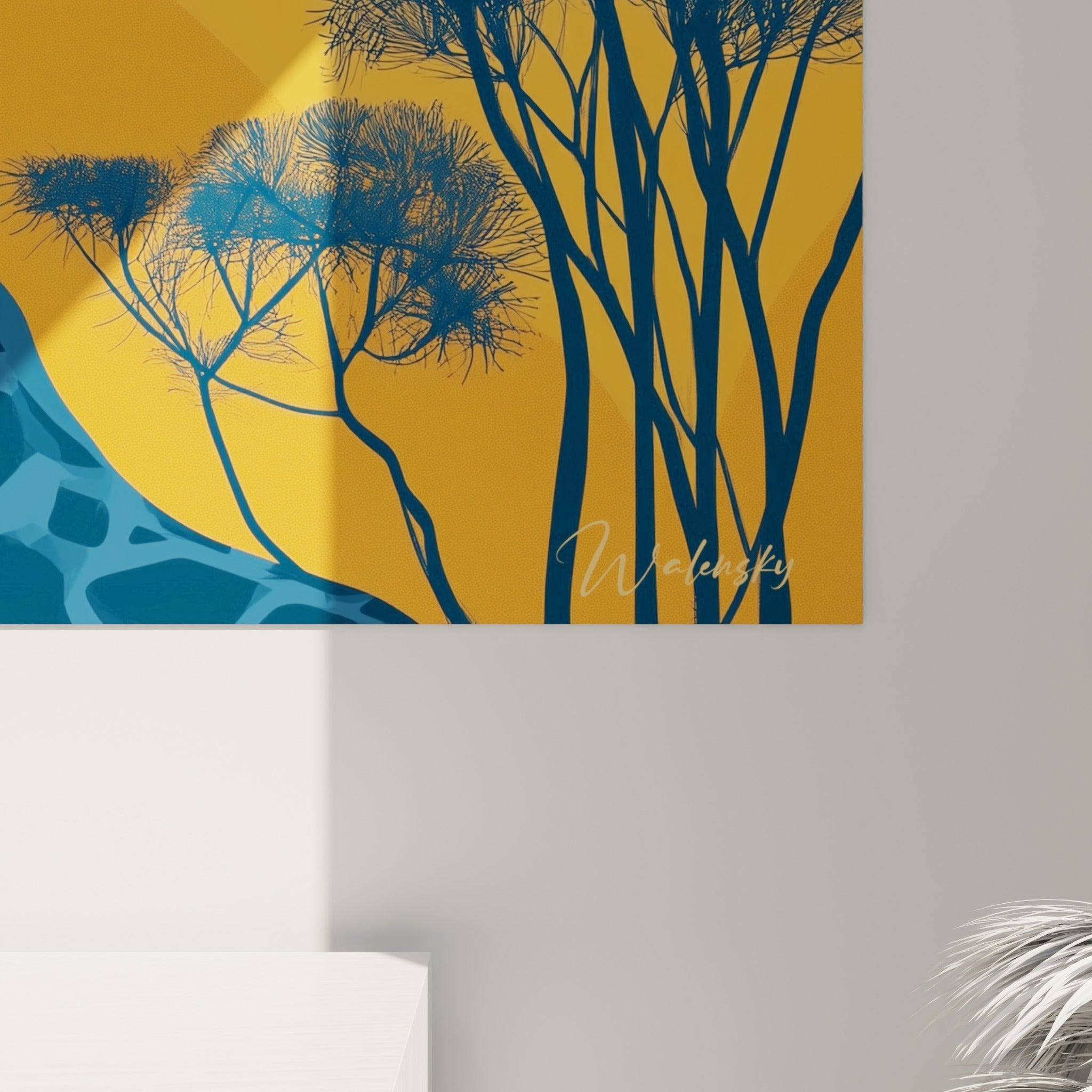Détail des aplats bleu marine et orange sur la toile, grain visible et lignes nettes de l'impression