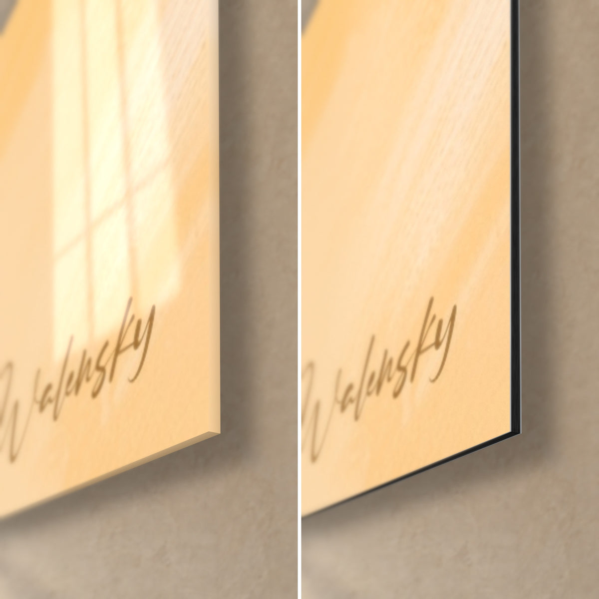 Cuadro de jirafa pintada, esquina inferior derecha en cristal brillante y aluminio mate, firma beige Walensky sobre fondo amarillo, borde negro de 3 mm