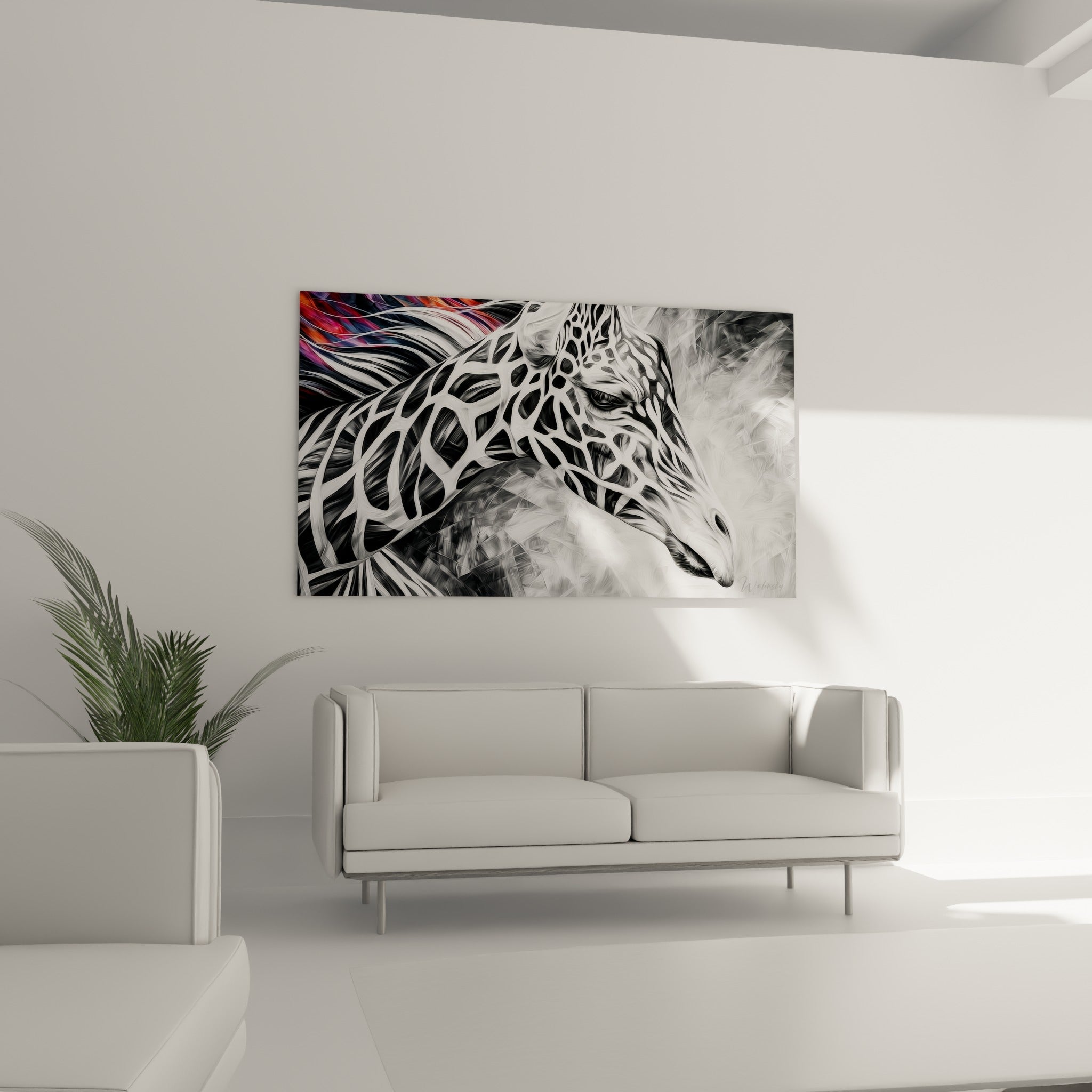 Silhouette de girafe texturée en gris anthracite et blanc, suspendue au-dessus d'un canapé dans un salon lumineux